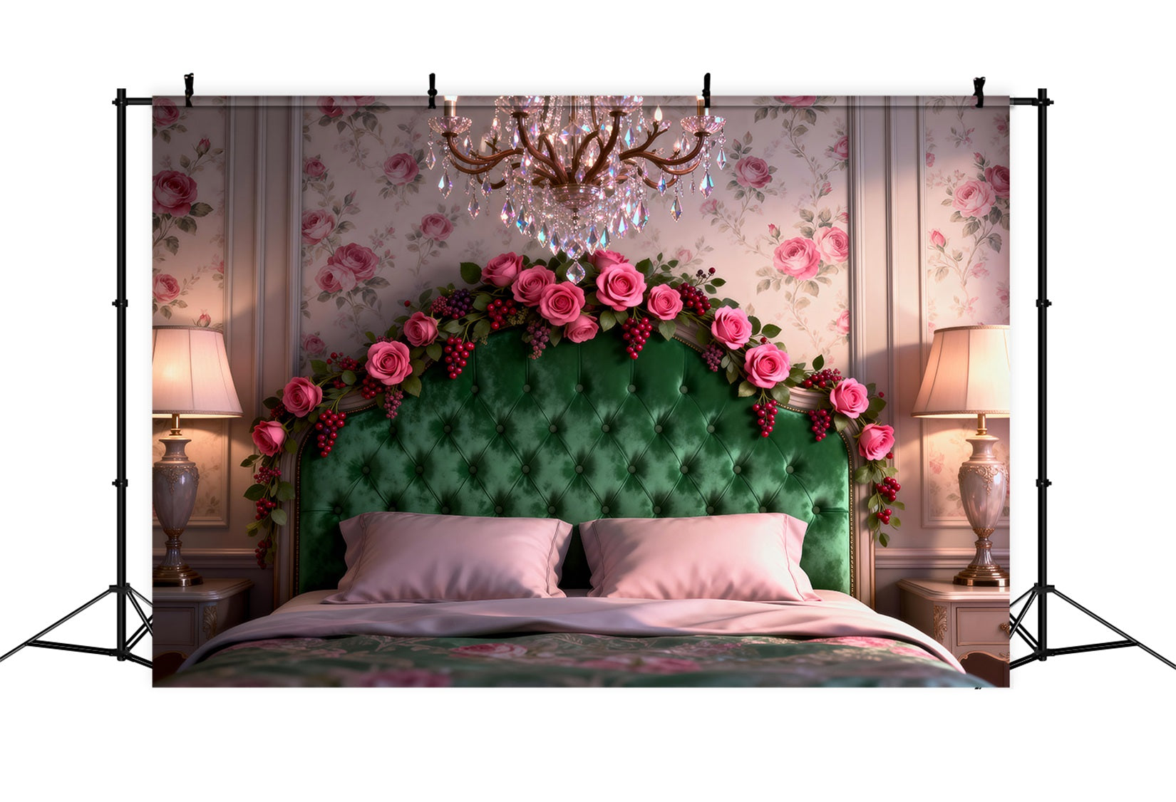 Boudoir Backdrop Emerald Rose Chandelier Elegance Headboard Photography Backdrop RR62-52
