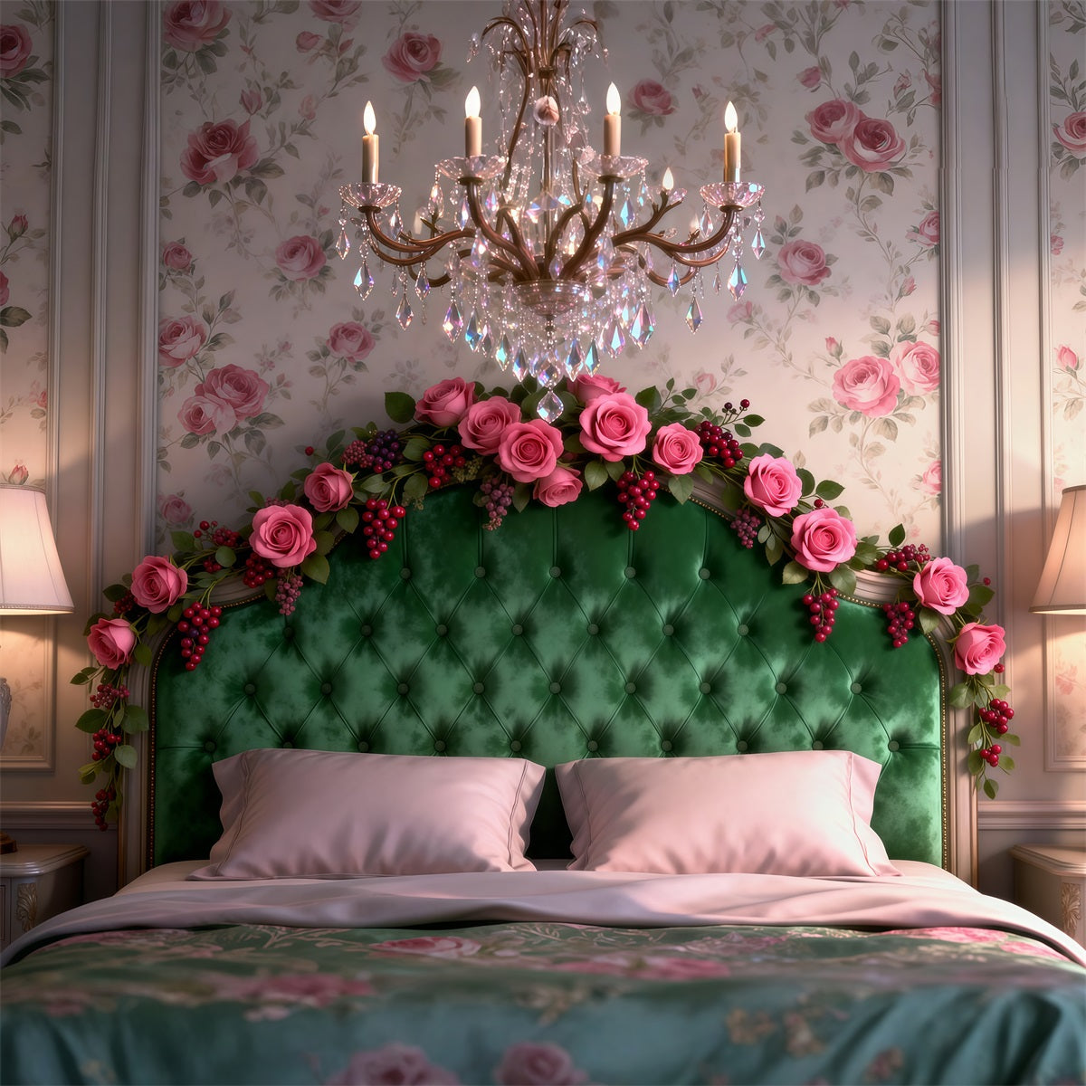 Boudoir Backdrop Emerald Rose Chandelier Elegance Headboard Photography Backdrop RR62-52