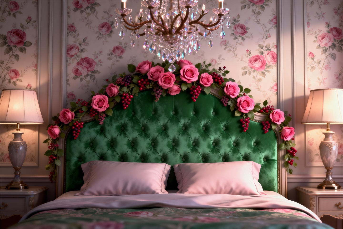 Boudoir Backdrop Emerald Rose Chandelier Elegance Headboard Photography Backdrop RR62-52