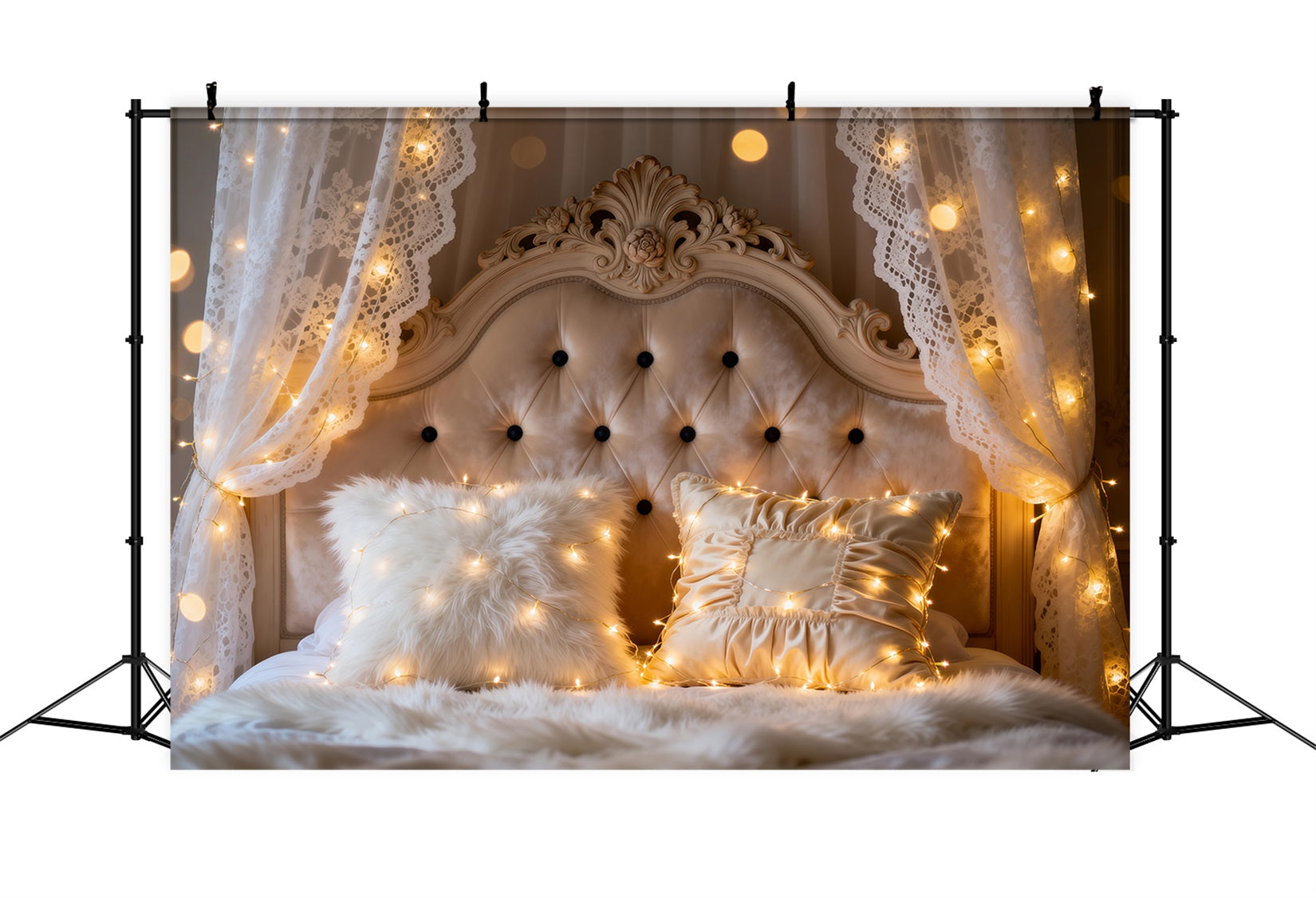 Boudoir Backdrop Ideas Ivory Lace Fairy Light Glow Tufted Headboard Backdrop RR62-54