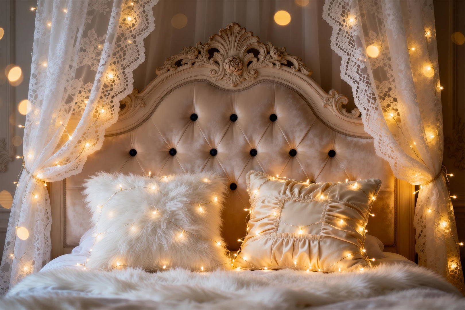 Boudoir Backdrop Ideas Ivory Lace Fairy Light Glow Tufted Headboard Backdrop RR62-54