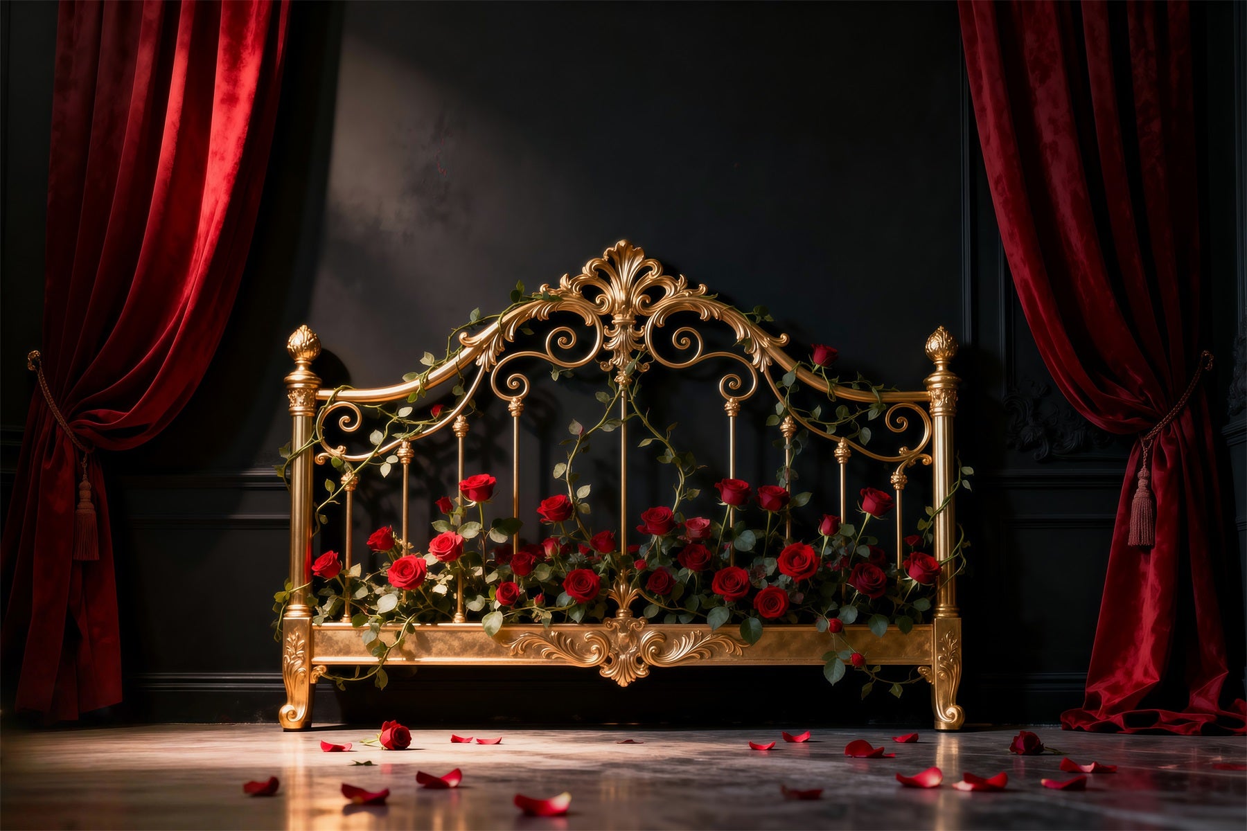 Boudoir Headboard Backdrop Gilded Rose Iron Bed Vintage Wall Backdrop RR62-59