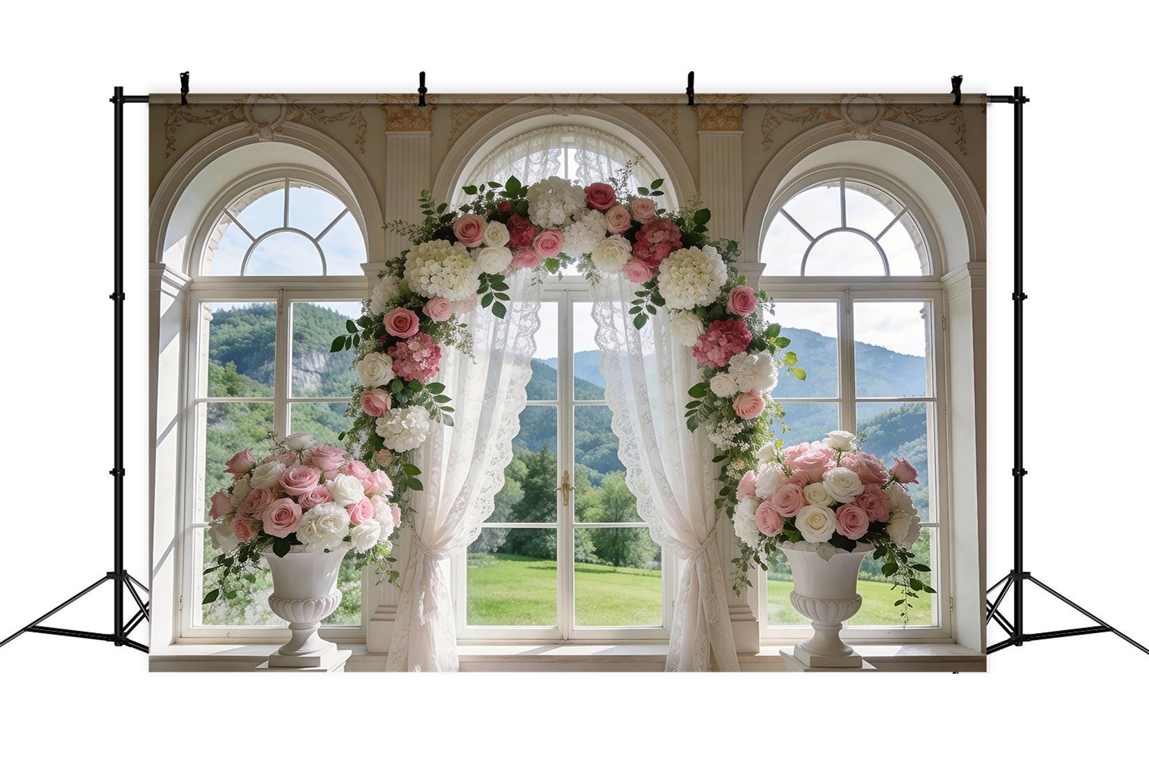 Spring Wedding Backdrop Classic Window Rose Arch Drapes Floral Photo Backdrop RR62-6