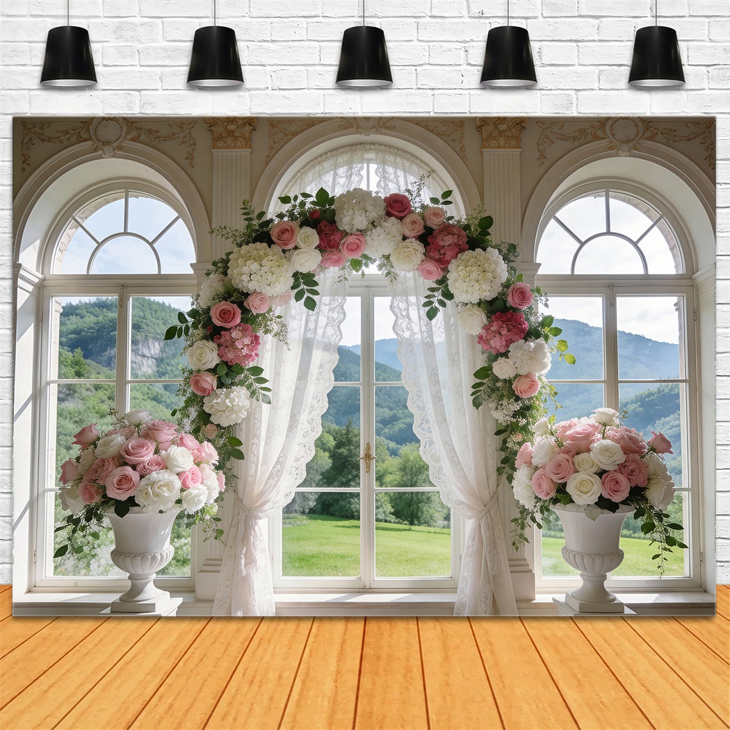 Spring Wedding Backdrop Classic Window Rose Arch Drapes Floral Photo Backdrop RR62-6