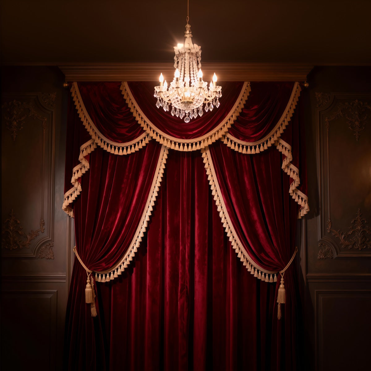 Boudoir Photography Backdrops Grand Burgundy Tassel Curtain Chandelier Vintage Backdrop RR62-77