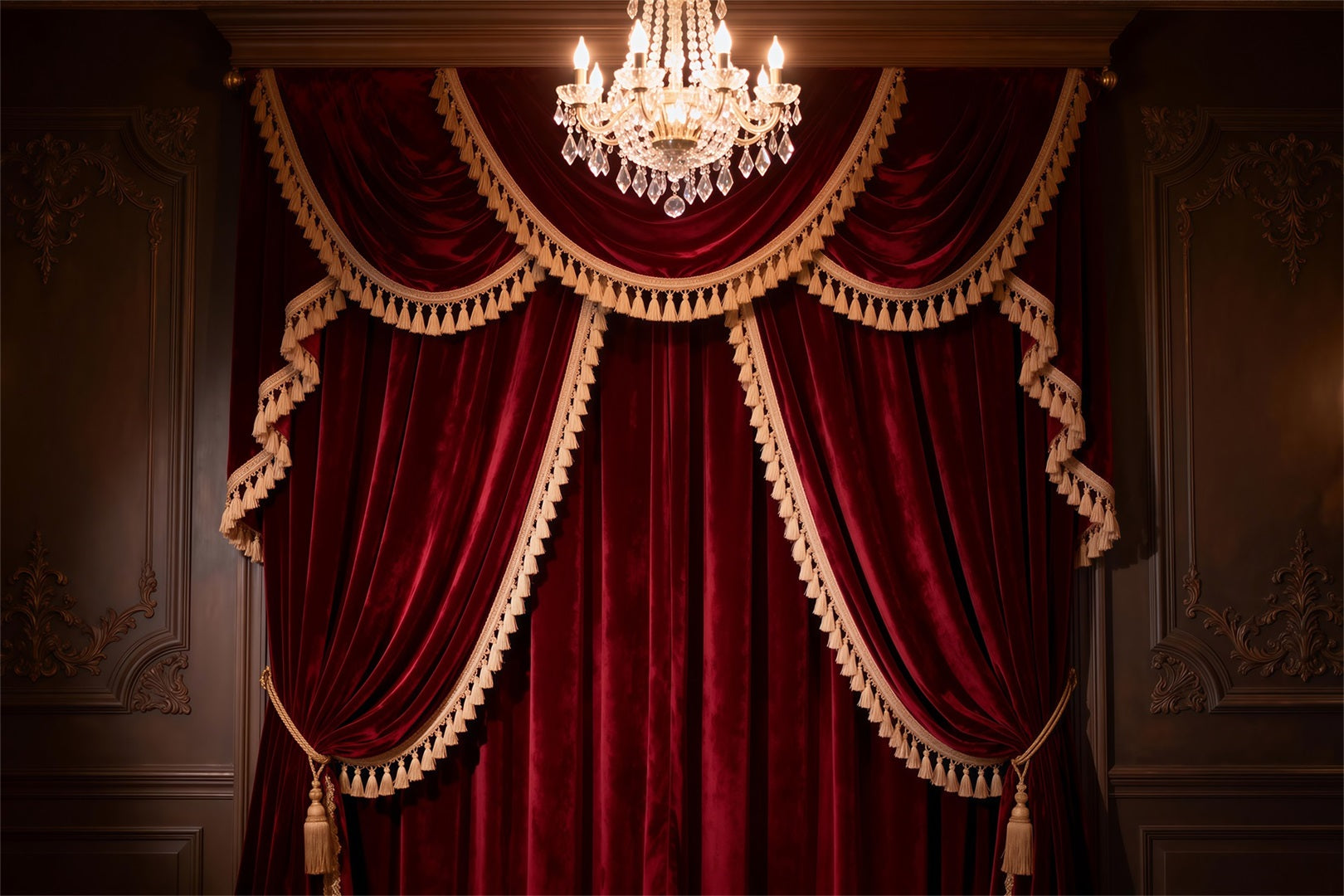 Boudoir Photography Backdrops Grand Burgundy Tassel Curtain Chandelier Vintage Backdrop RR62-77