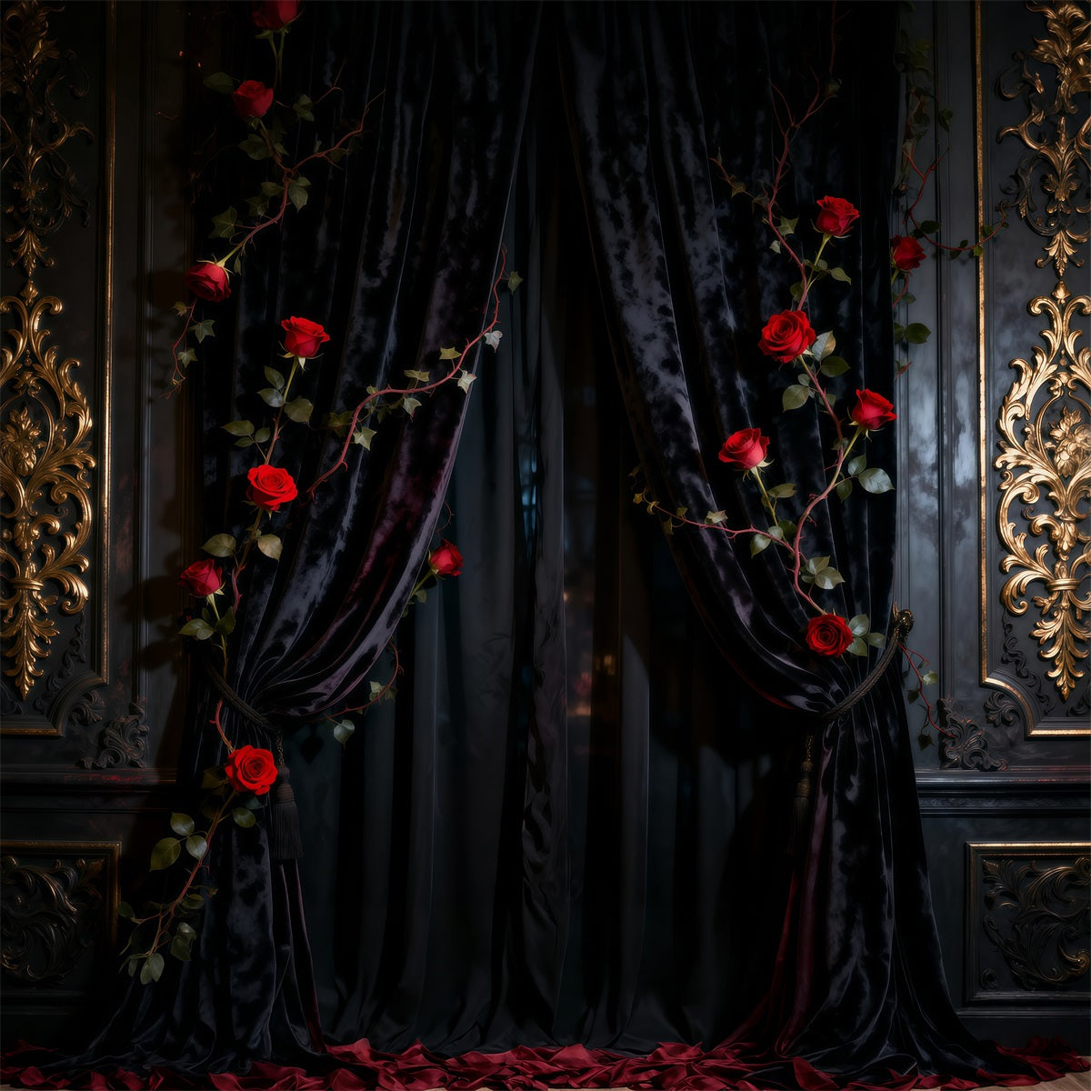 Boudoir Backdrop Black Velvet Rose Curtain Wall Vintage Photography Backdrops RR62-92