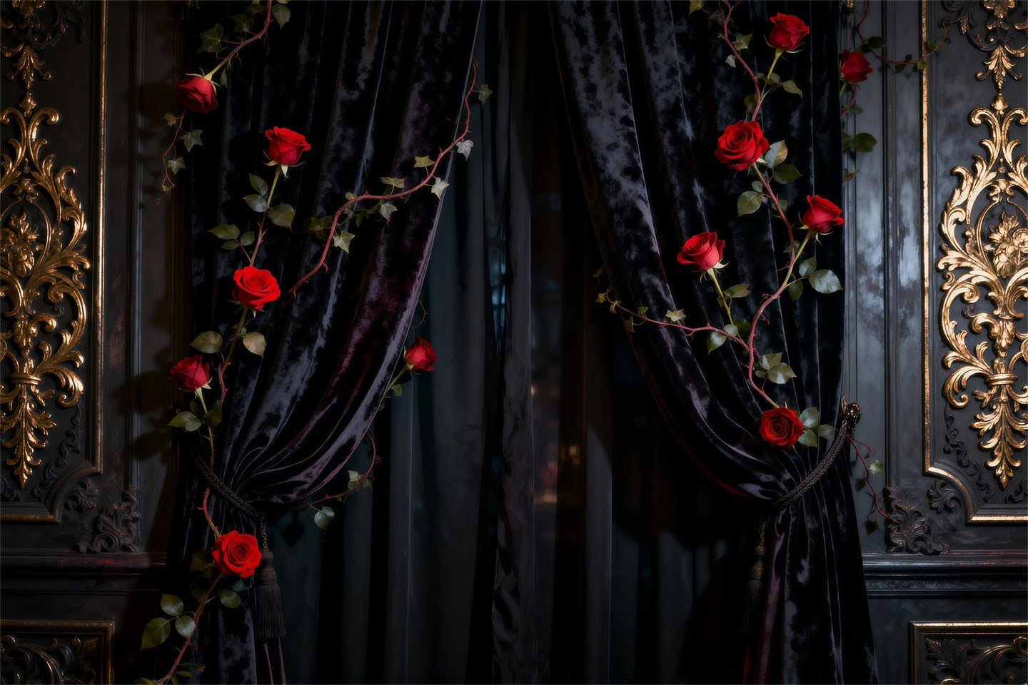 Boudoir Backdrop Black Velvet Rose Curtain Wall Vintage Photography Backdrops RR62-92