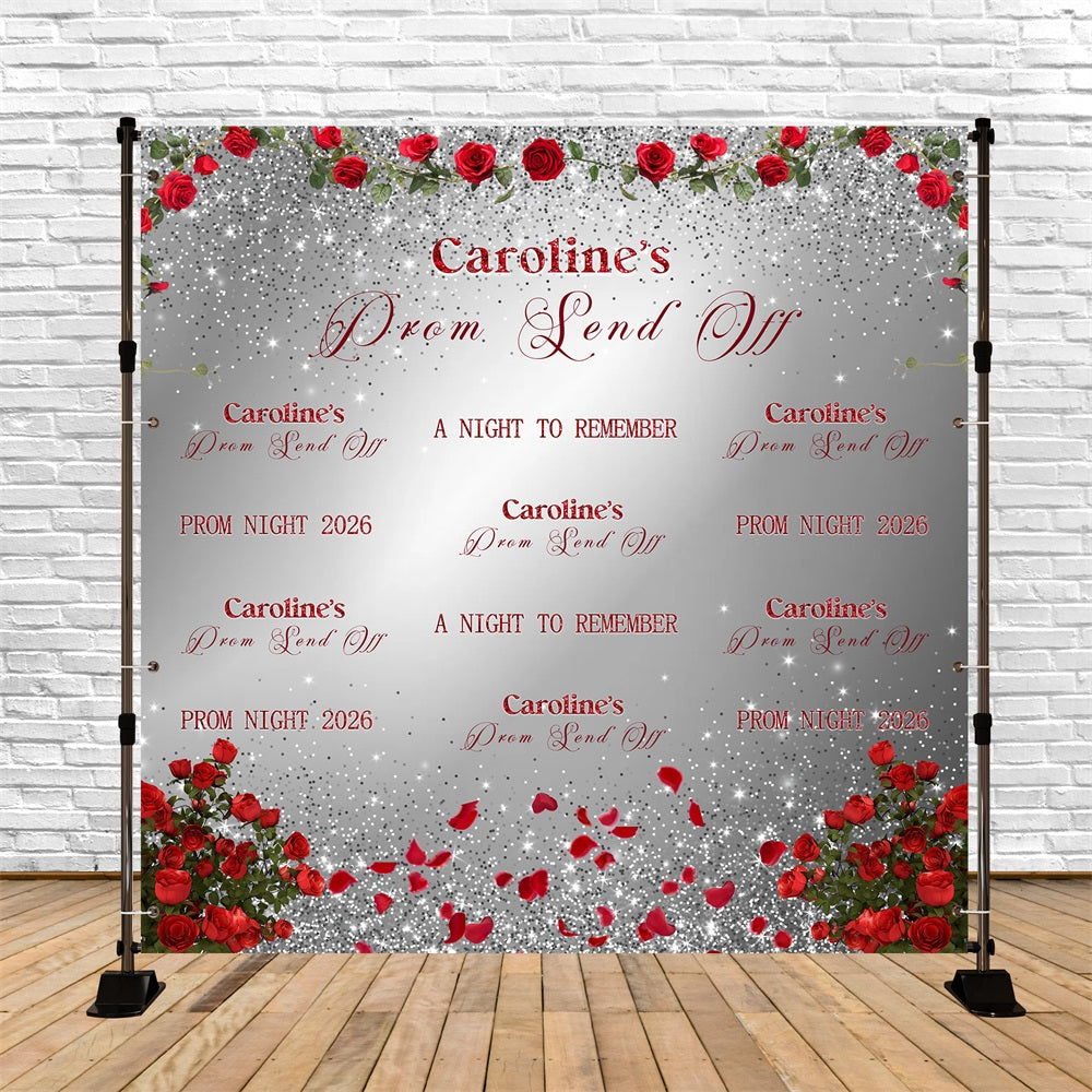 Prom Send Off Backdrops Silver Glitter Red Rose Customizable Graduation Backdrop RR63-10