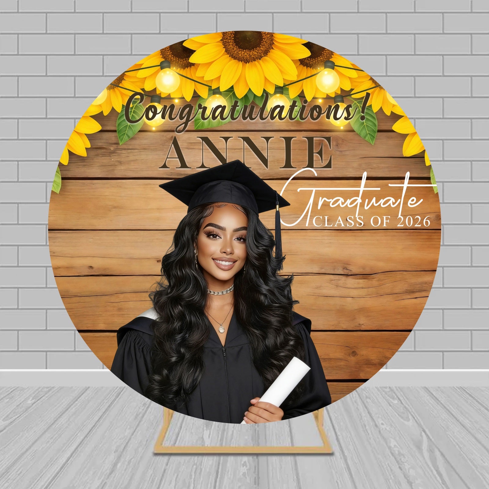 Floral Stands Graduation Backdrop Sunflower Wood Rustic String Light Round Backdrop Cover RR63-100