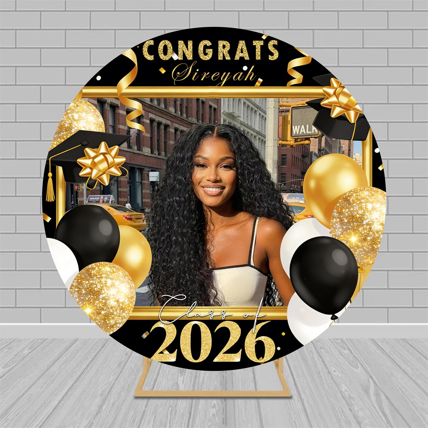 Hanging Photo Clips Graduation Custom Round Backdrop Black Gold Balloon Class Of 2026 Backdrop RR63-101
