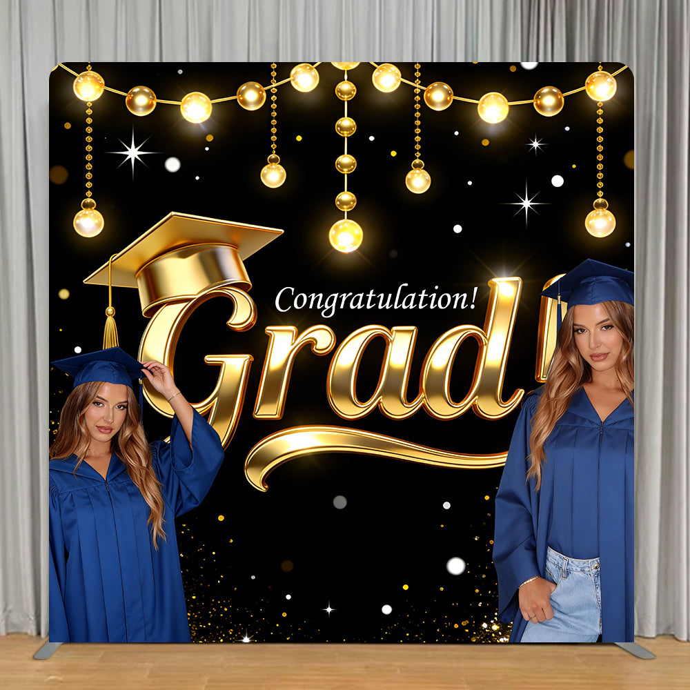 Graduation Ceremony Square Tension Backdrop Gold String Lights Black Class Of 2026 Backdrop RR63-105