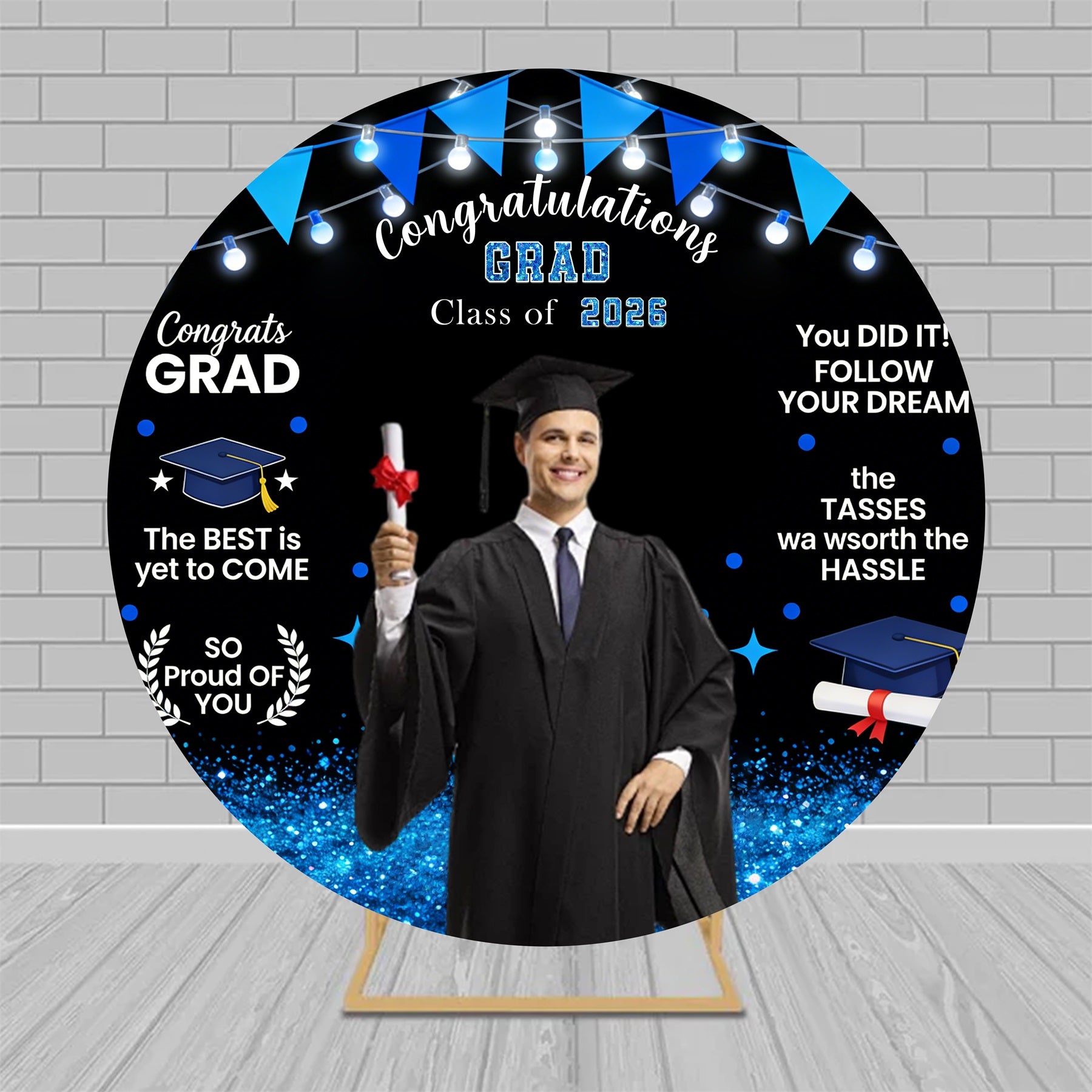 Custom Round Backdrop Cover Blue Banner Lights Typography Class Of 2026 Backdrop RR63-107