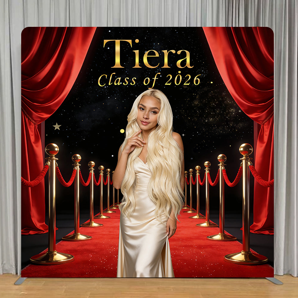 Red Carpet Event Graduation Tension Backdrop Gold Curtain Luxury Stage Class Of 2026 Backdrop RR63-109