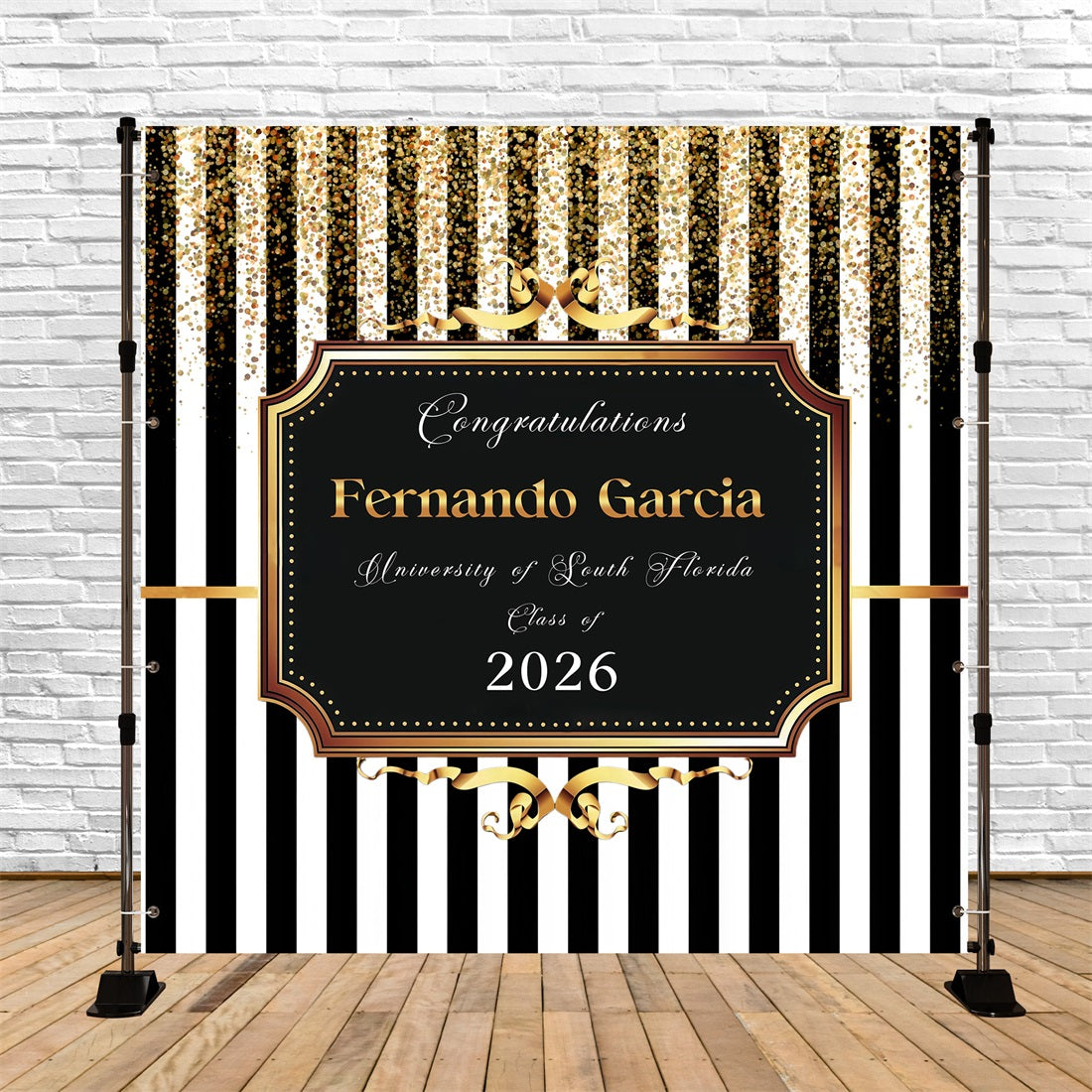 Graduation Backdrop Banner Black Stripe Gold Glitter Personalized Graduation Backdrop RR63-11