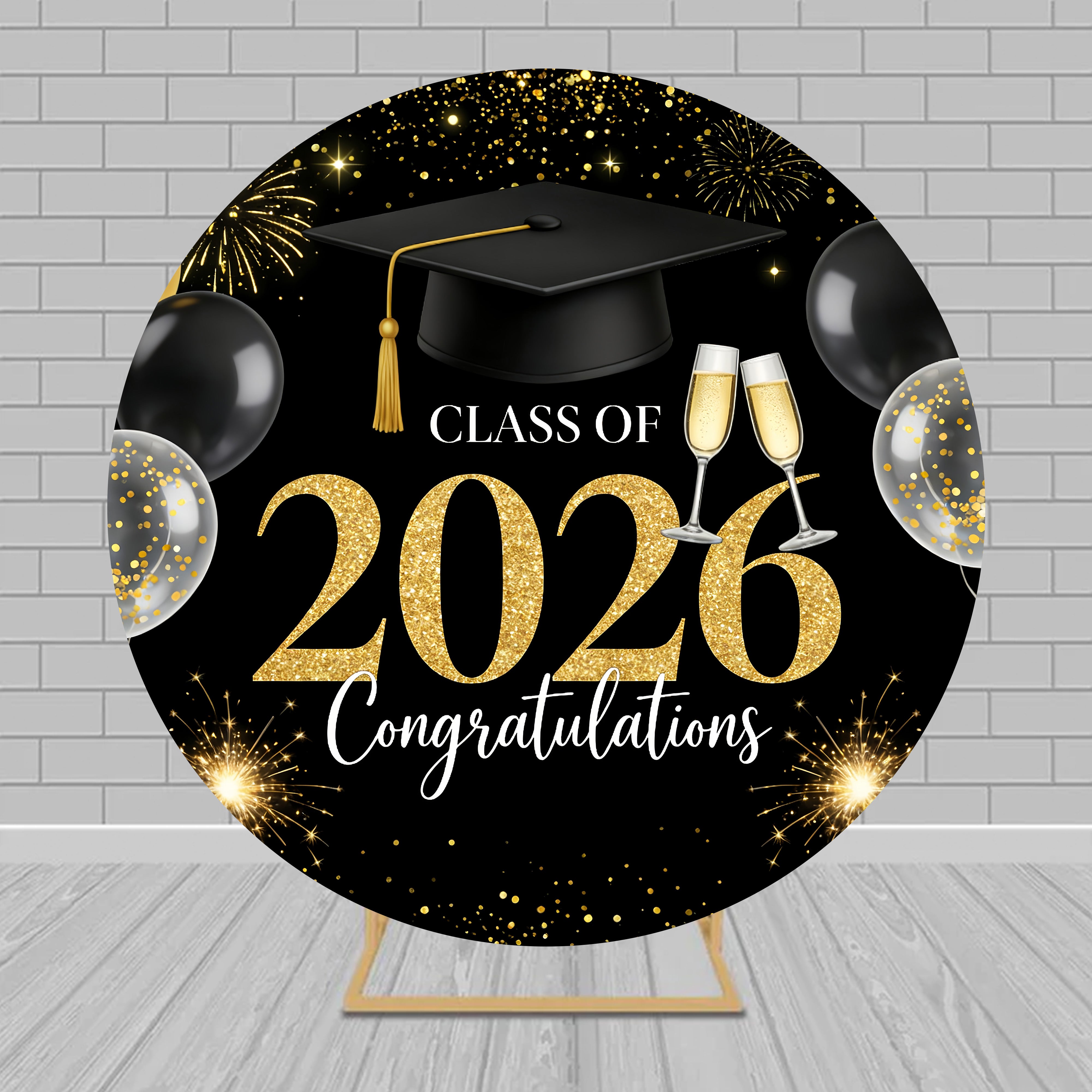 Graduation Balloon Backdrop Black Gold Fireworks Champagne Custom Round Backdrop Cover RR63-111