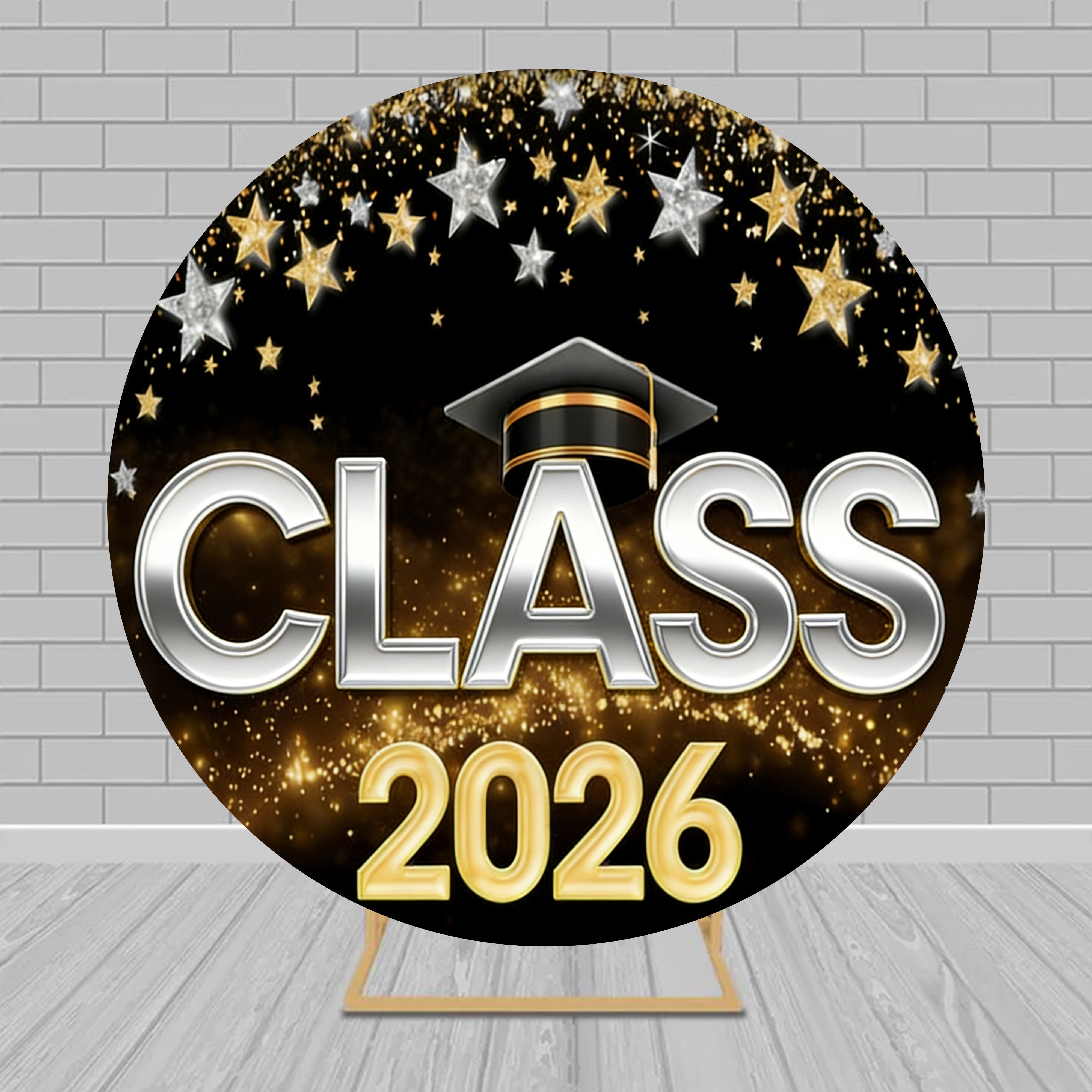 College Graduation Backdrop Gold Silver Star Glitter Custom Round Backdrop RR63-112