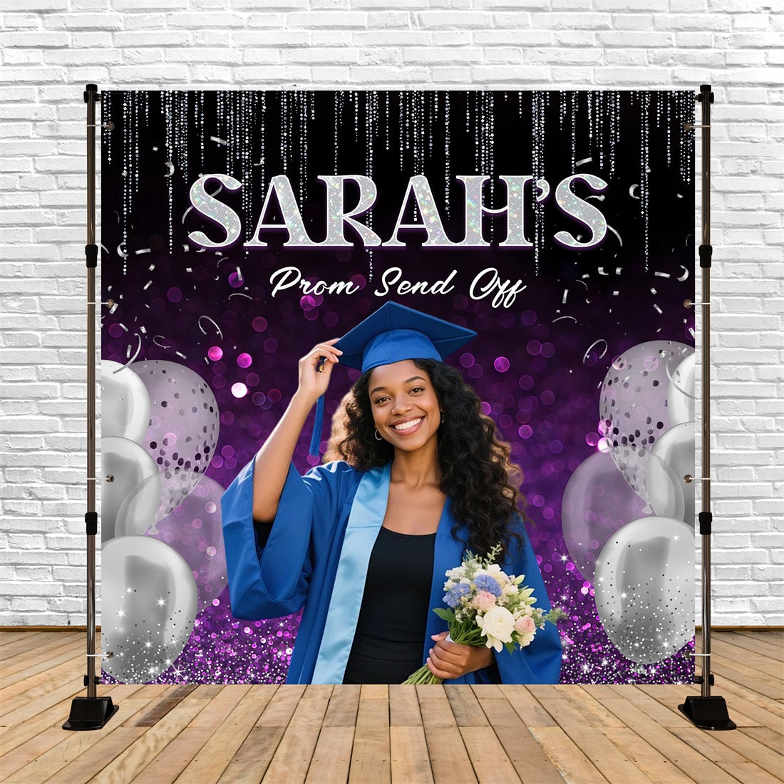 Prom Send Off Backdrops Purple Glitter Silver Balloon Custom Graduation Party Backdrop RR63-12