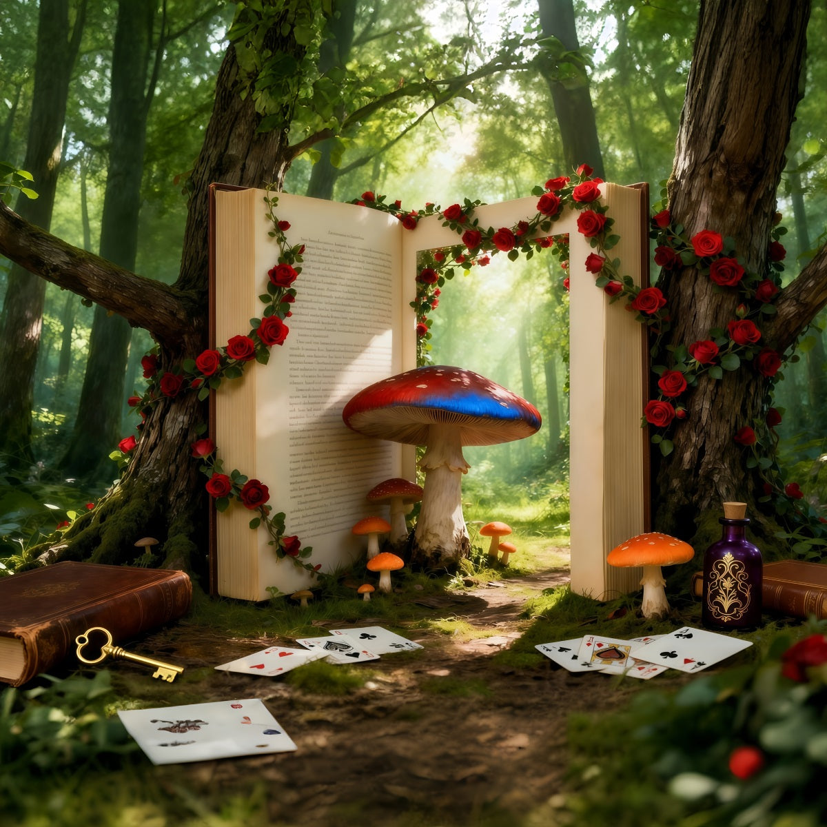 Fairy Tale Forest Backdrop Fantasy Storybook Portal Mushroom Roses Forest Photo Backdrop RR63-126