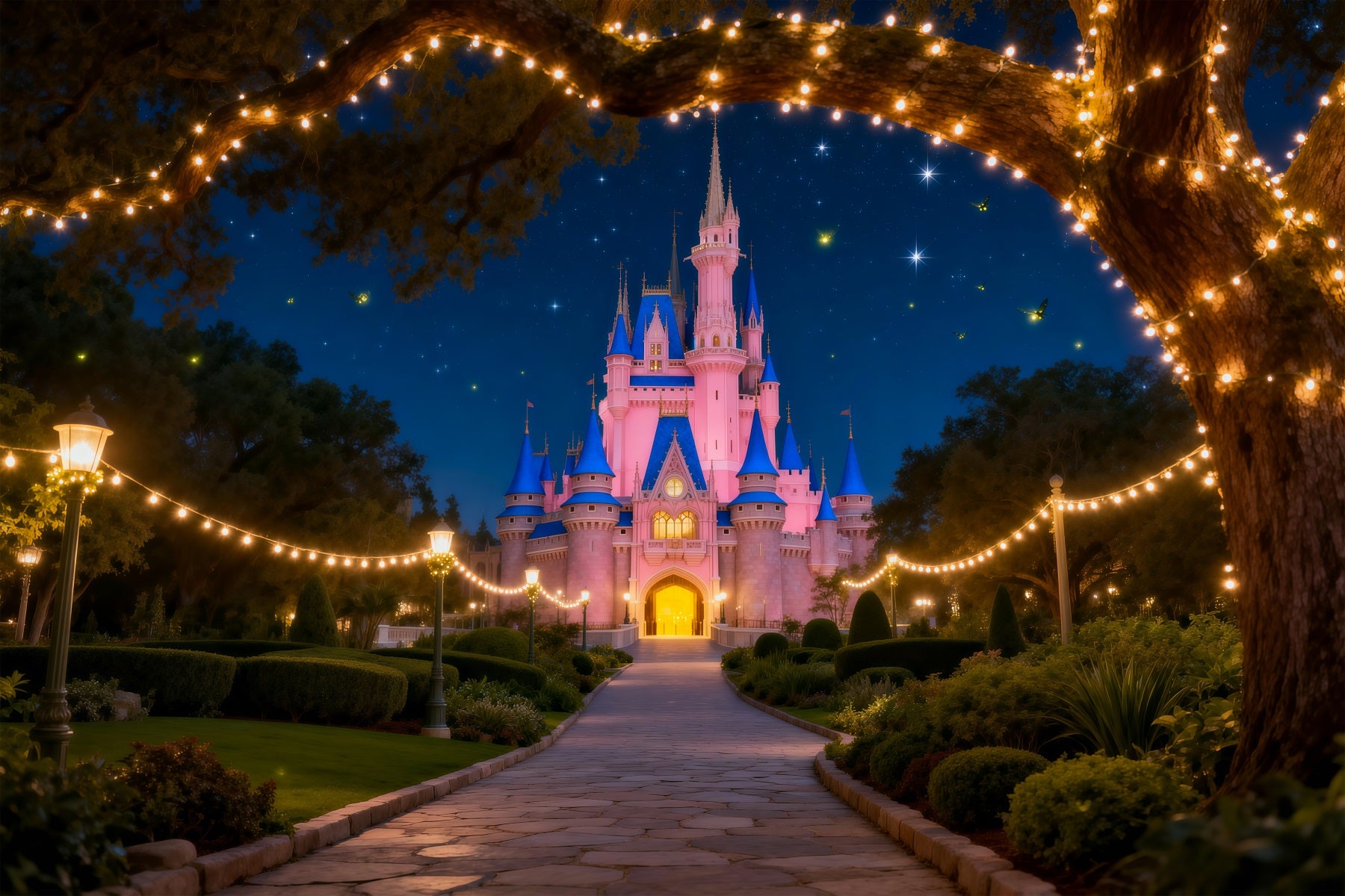 Backdrop Forest Fairytale Castle Night Light Path Forest Backdrops For Photography RR63-132