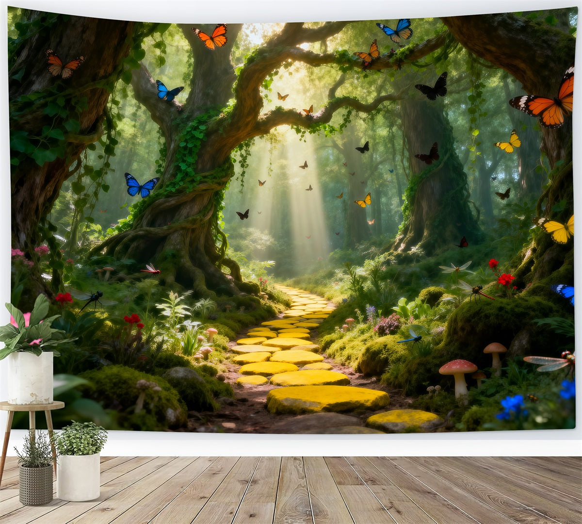Forest Green Backdrop Golden Path Sunlight Butterfly Photography Backdrops Forest RR63-133