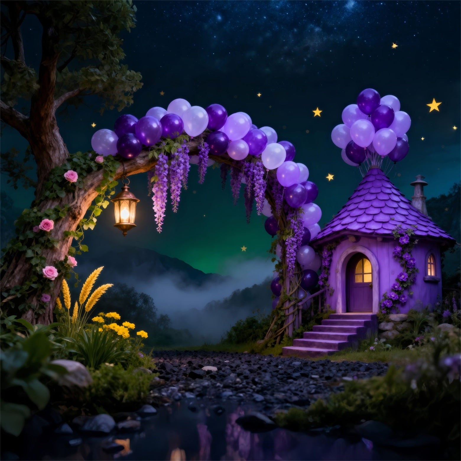 Enchanted Forest Balloon Backdrop Purple Cottage Arch Starry Night Forest Backdrop RR63-134