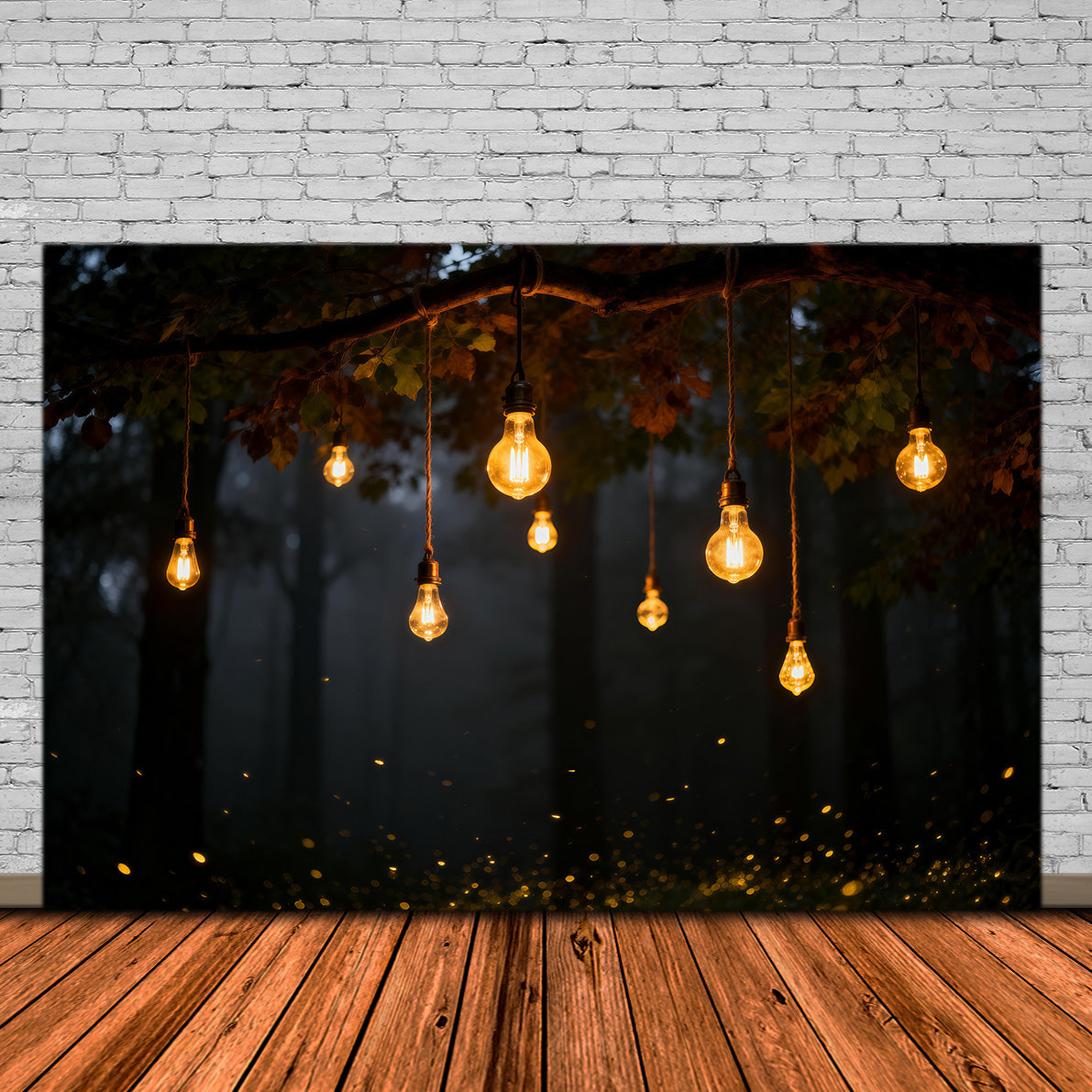 Photo Backdrop Forest Warm Hanging Bulbs Autumn Night Forest Photo Booth Backdrop RR63-137
