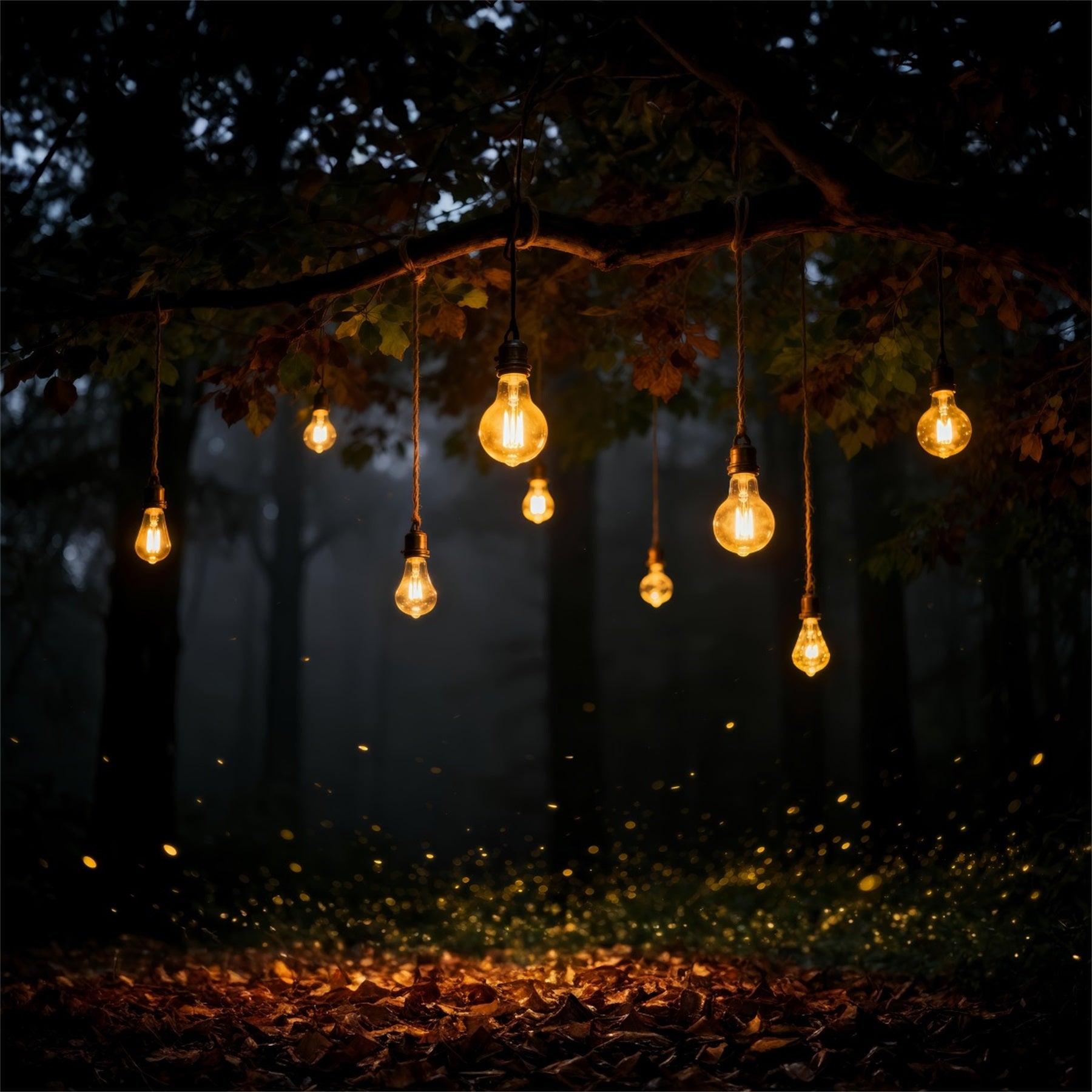Photo Backdrop Forest Warm Hanging Bulbs Autumn Night Forest Photo Booth Backdrop RR63-137