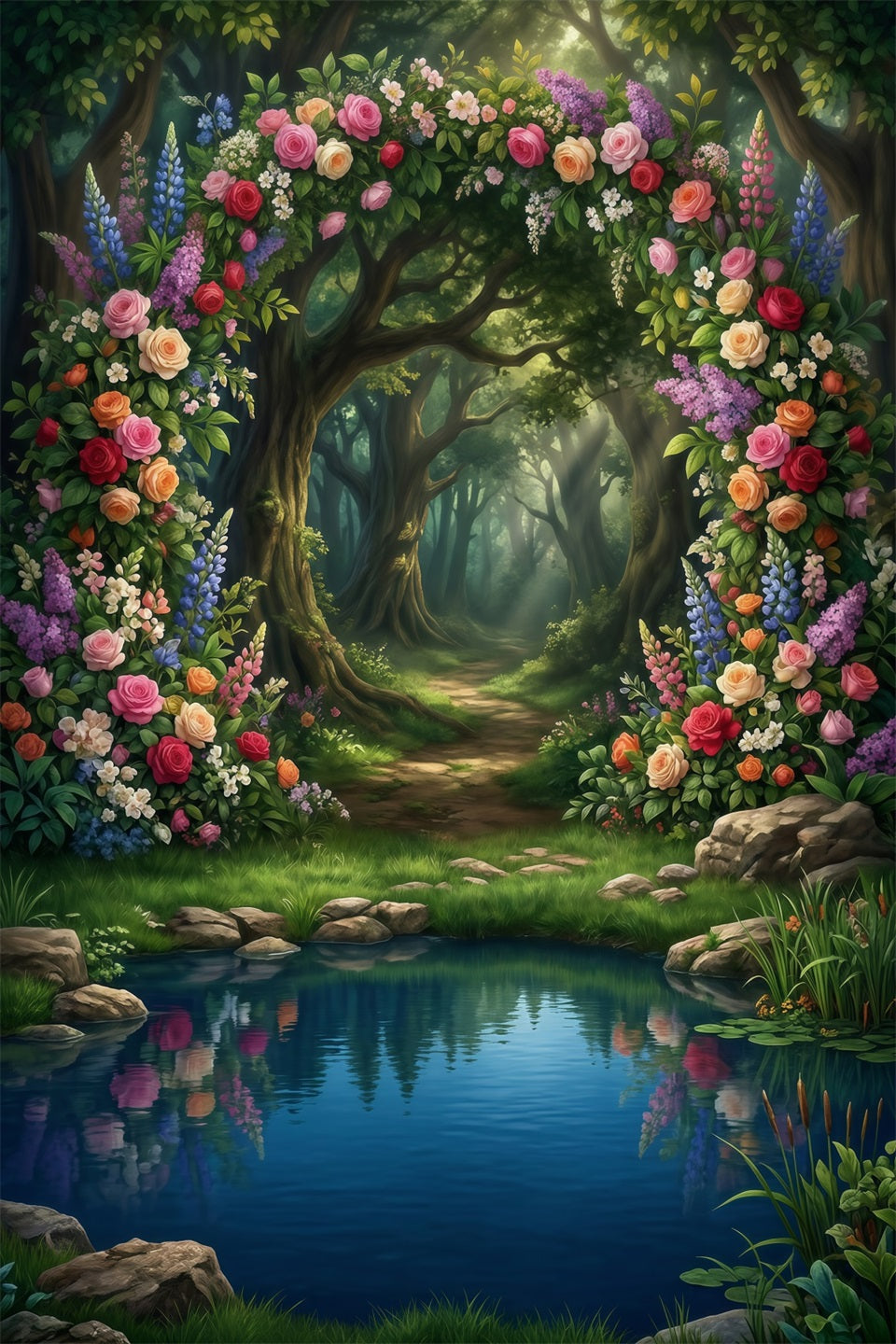Forest Scene Backdrop Floral Arch Lake Reflection Woodland Path Fantasy Forest Backdrop RR63-138
