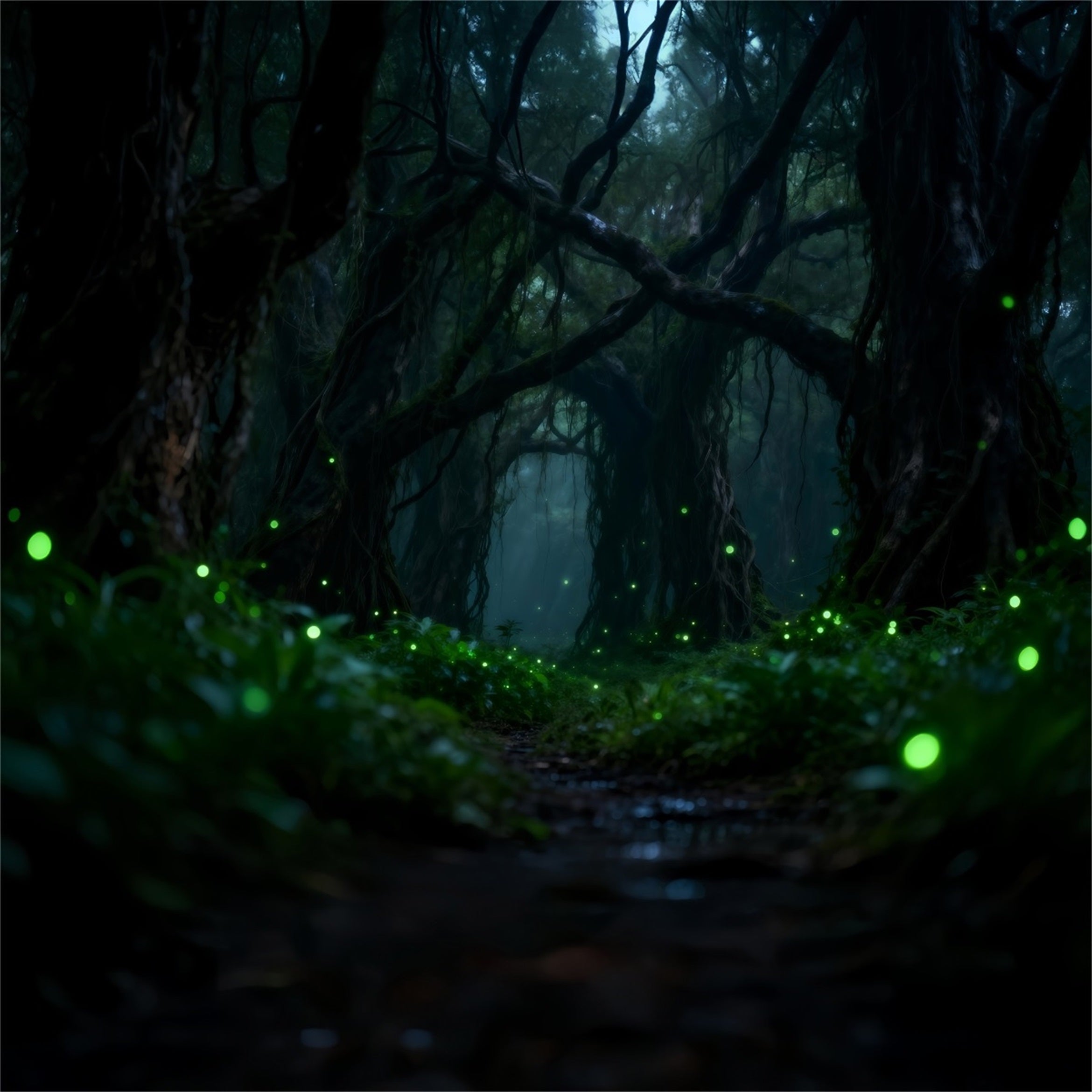 Rainforest Backdrop Dark Enchanted Roots Glowing Fireflies Forest Theme Backdrop RR63-139