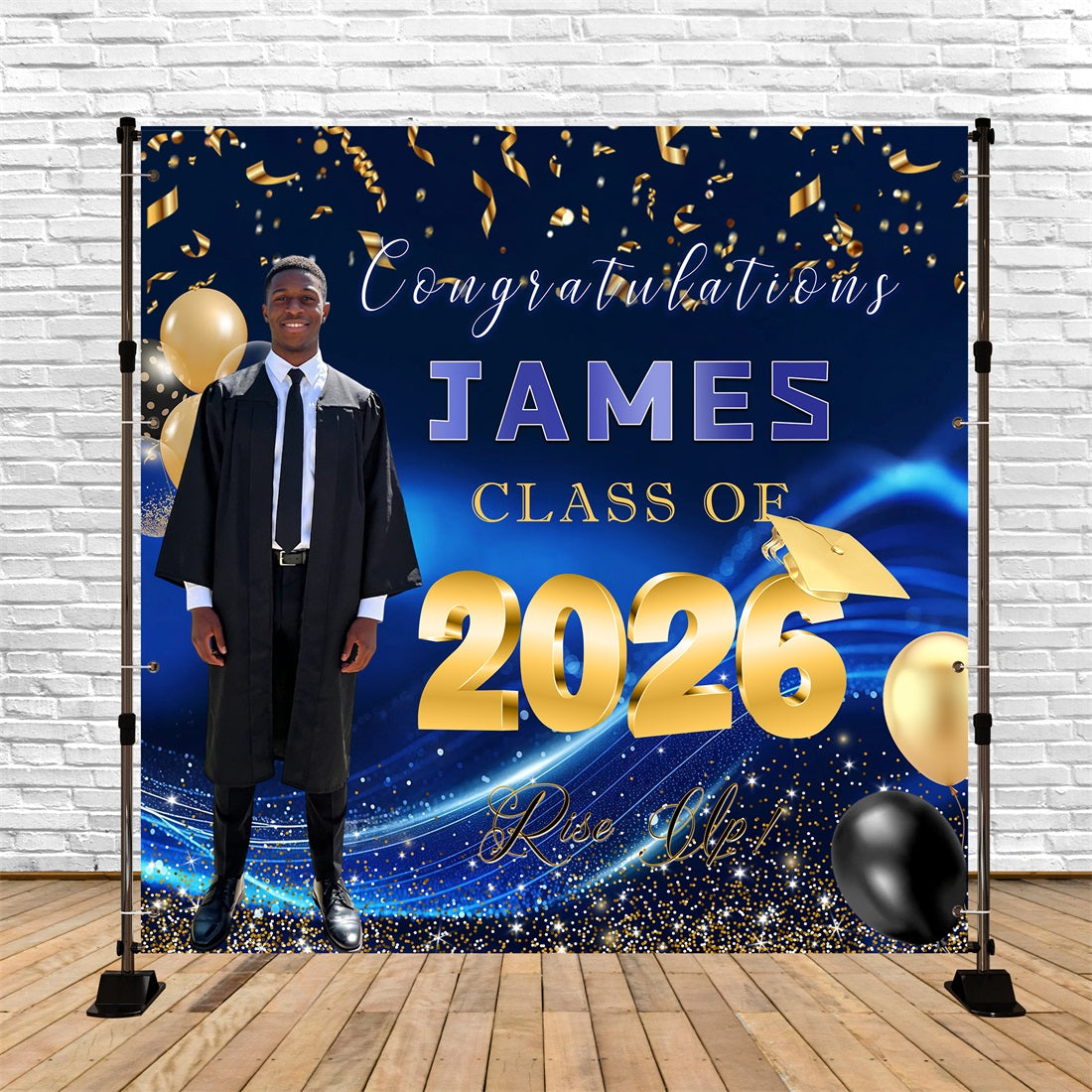 Class Of 2026 Graduation Backdrop Blue Gold Confetti Balloon Custom Graduation Backdrop RR63-14