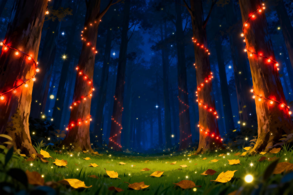 Backdrop Enchanted Forest Red String Lights Night Glowing Trees Night