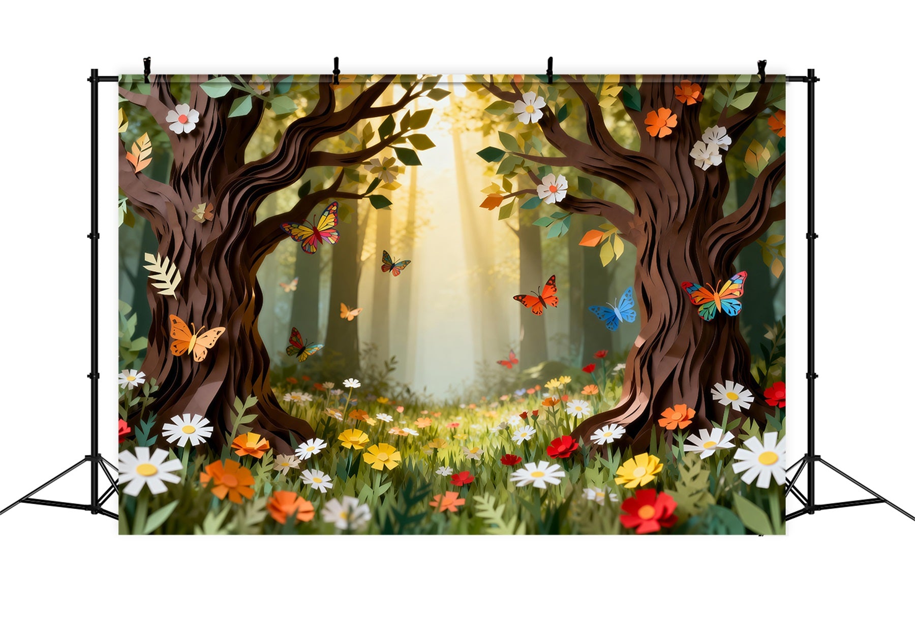 Forest Backdrop Cartoon Paper Cut Floral Butterfly Woodland Fairytale Forest Backdrop RR63-143
