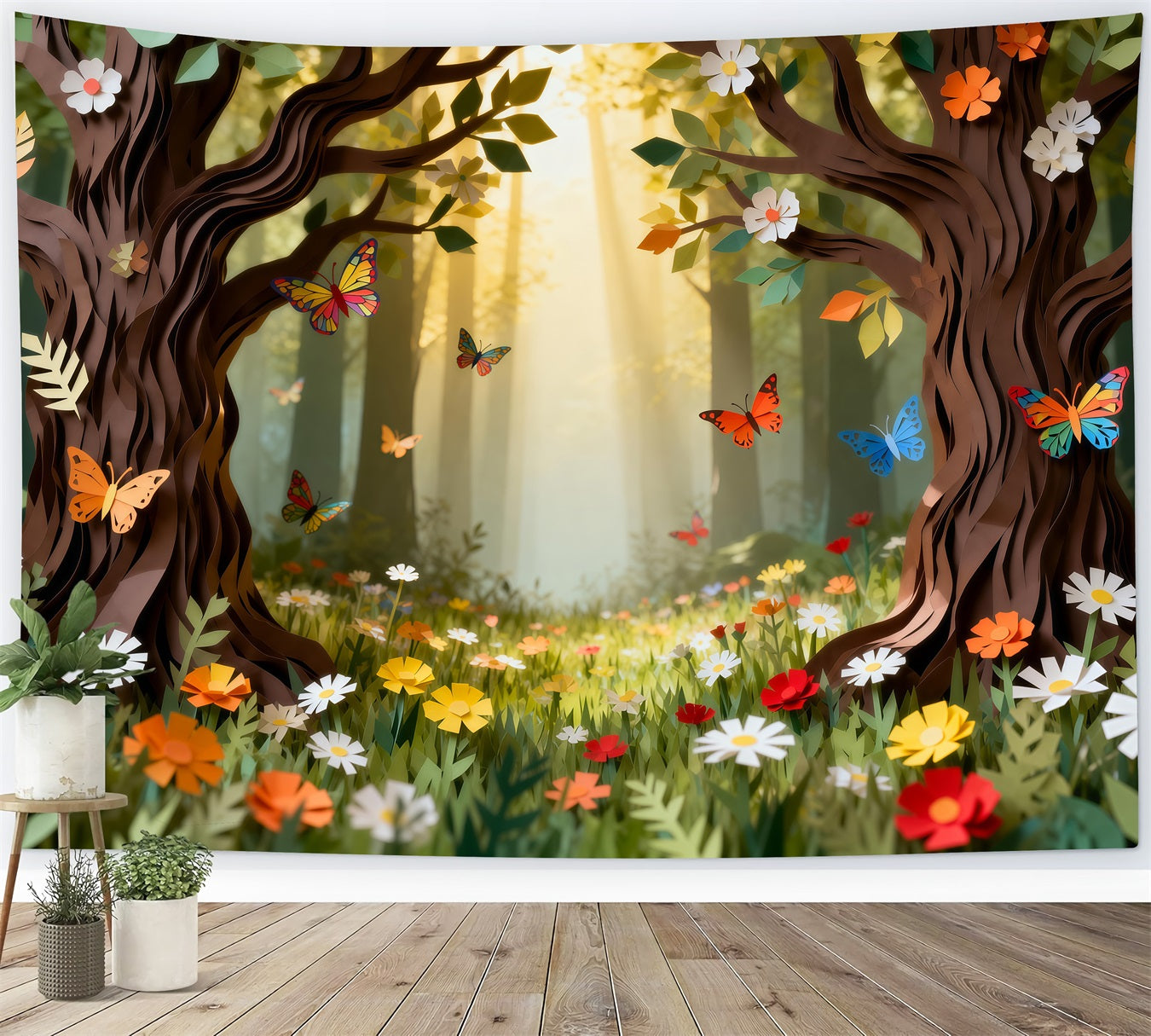 Forest Backdrop Cartoon Paper Cut Floral Butterfly Woodland Fairytale Forest Backdrop RR63-143