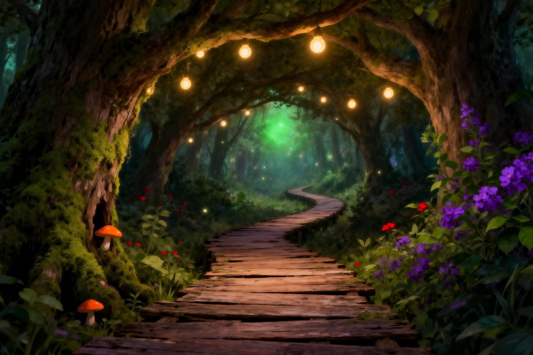 Woodland Forest Backdrop Glowing String Light Wooden Path Tunnel Backd