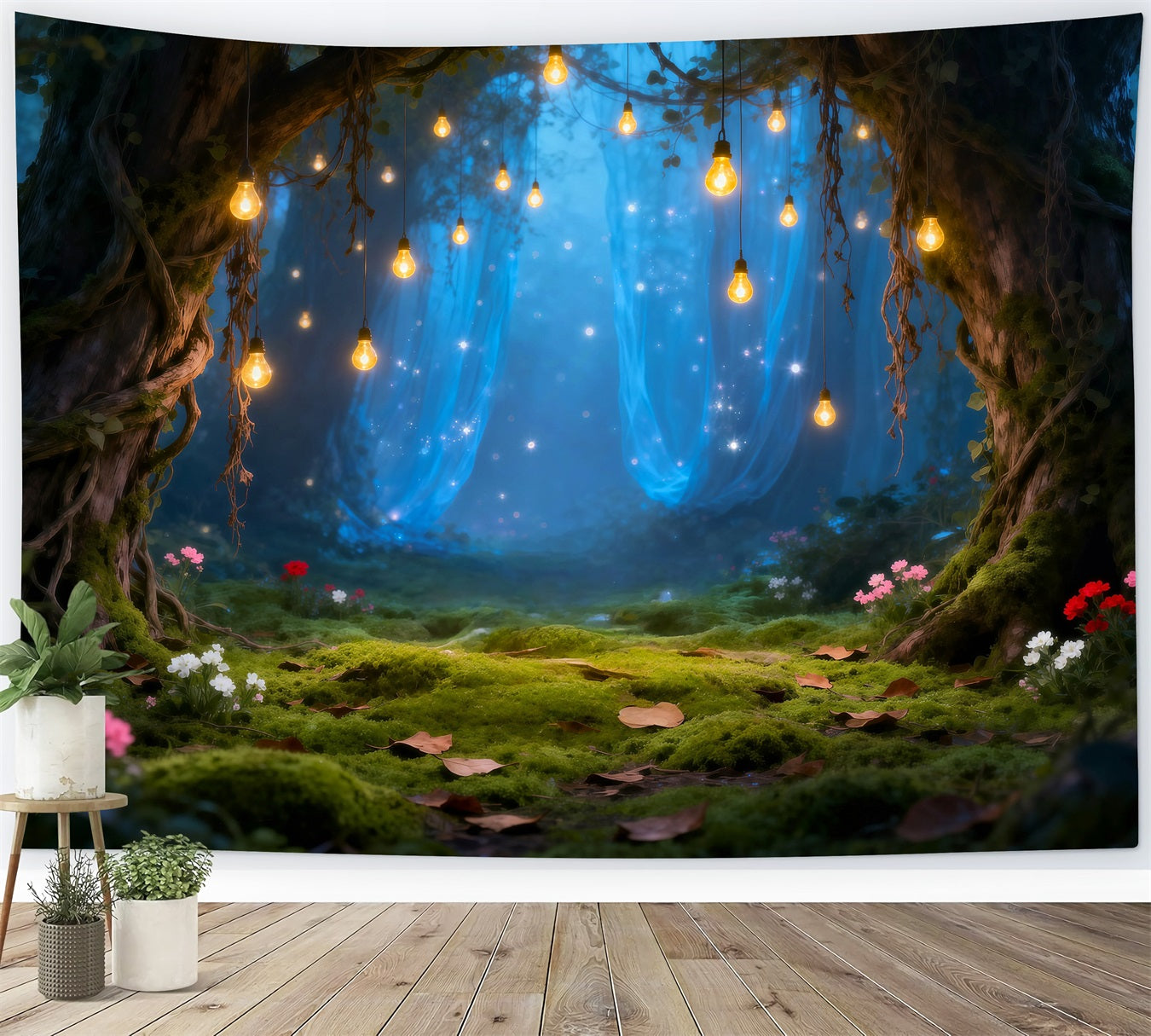 Rain Forest Backdrop Hanging Bulb Magical Mossy Clearing Enchanted Forest Theme Backdrop RR63-147