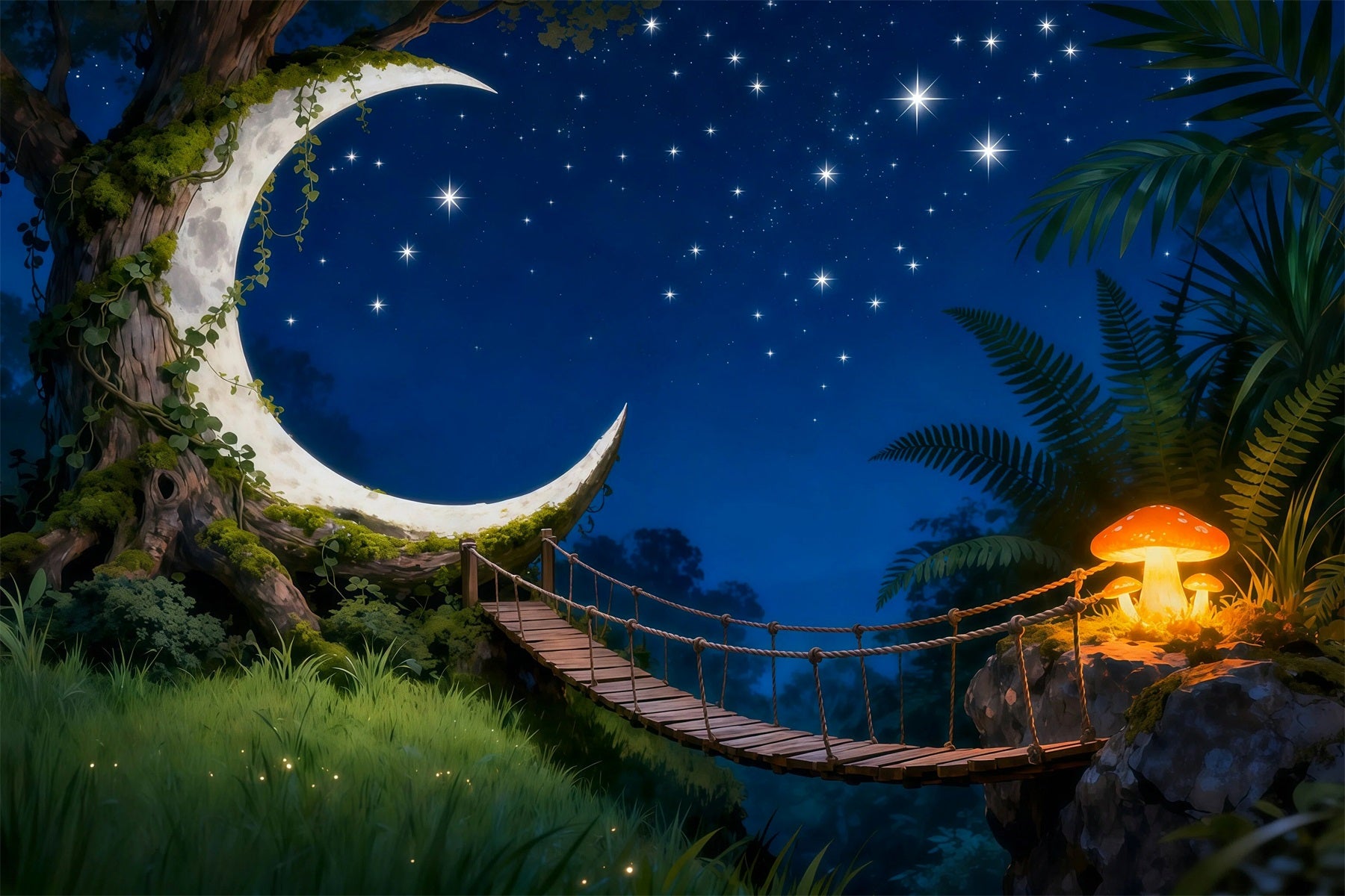 Twilight Forest Backdrop Crescent Moon Bridge Starry Night Forest Themed Backdrop RR63-150