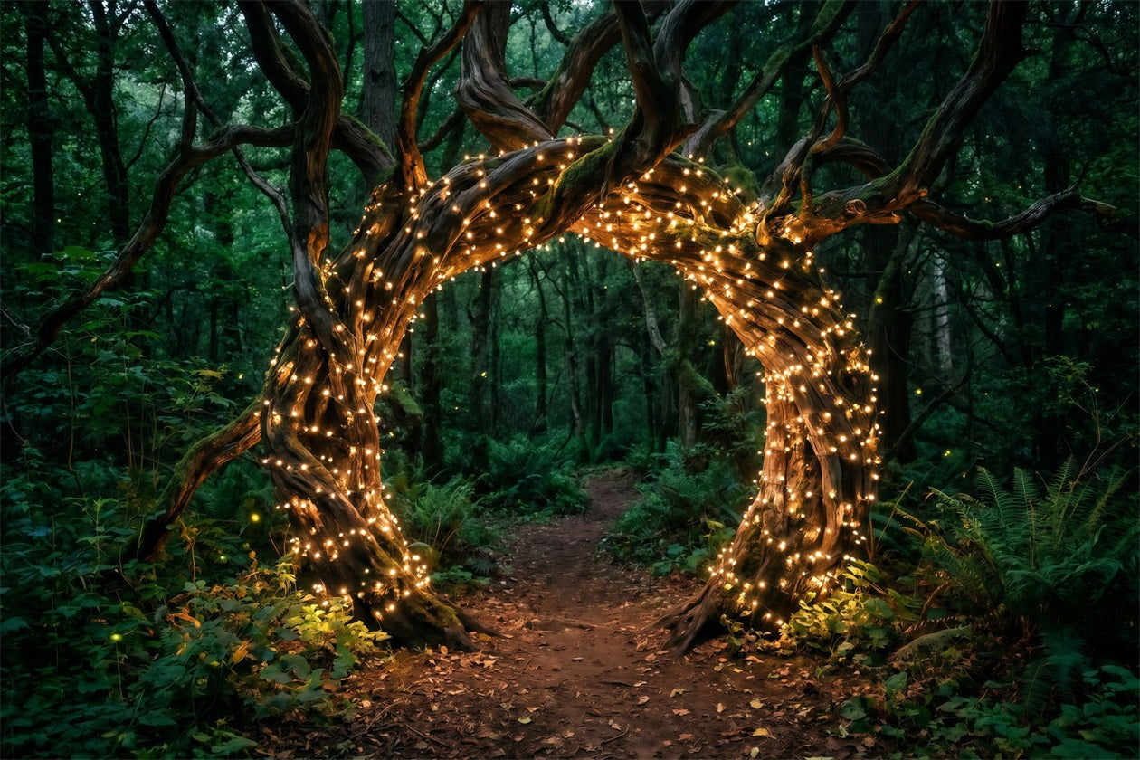Backdrop Forest Theme Twisted Tree Arch Golden Fairy Lights Green Forest Backdrop RR63-153