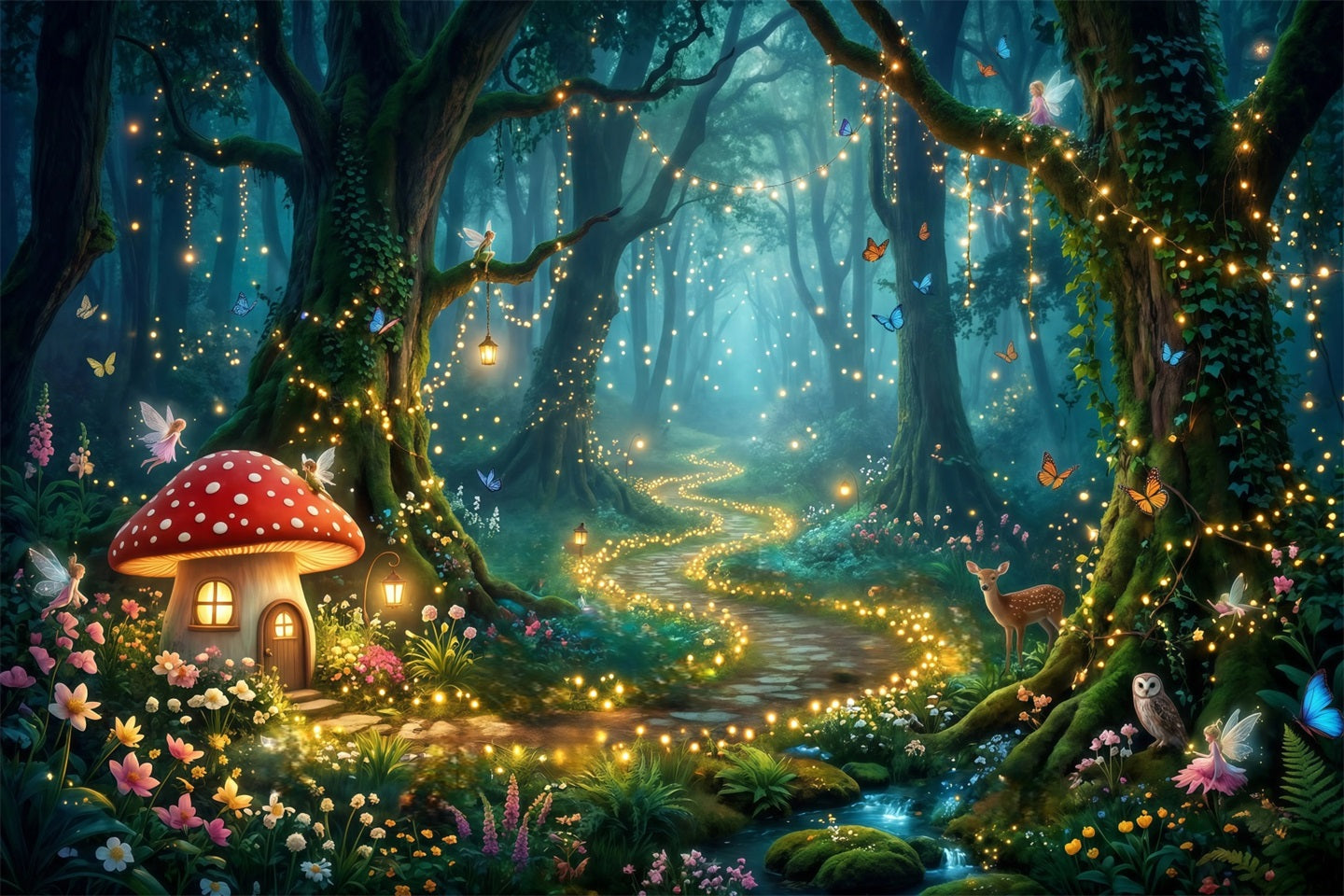 Enchanted Forest Backdrop Mushroom Cottage Glowing Pathway Forest Photo Booth Backdrop RR63-154