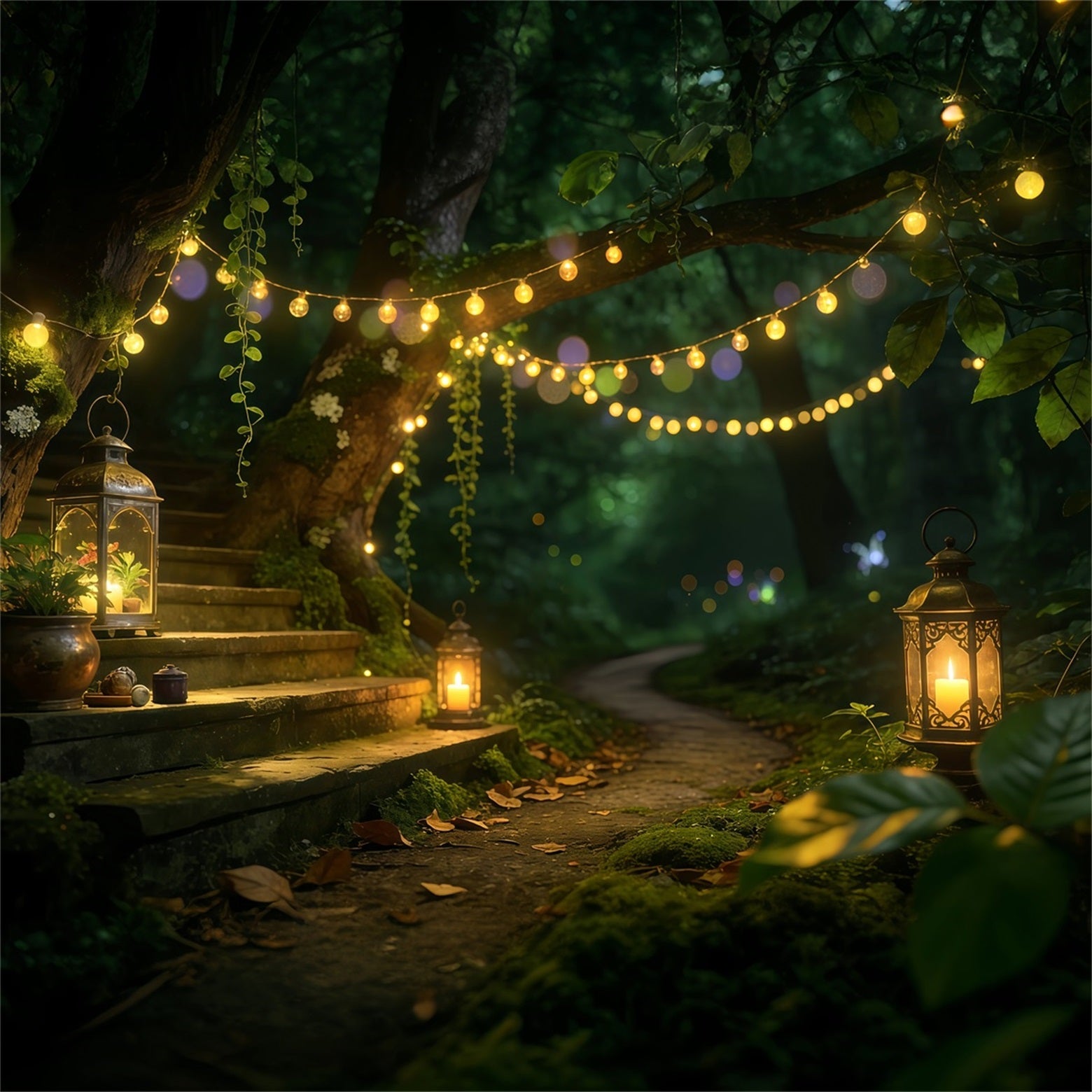 Forest Backdrops For Photography Lantern Stairway Woodland Path Enchanted Forest Backdrops RR63-156