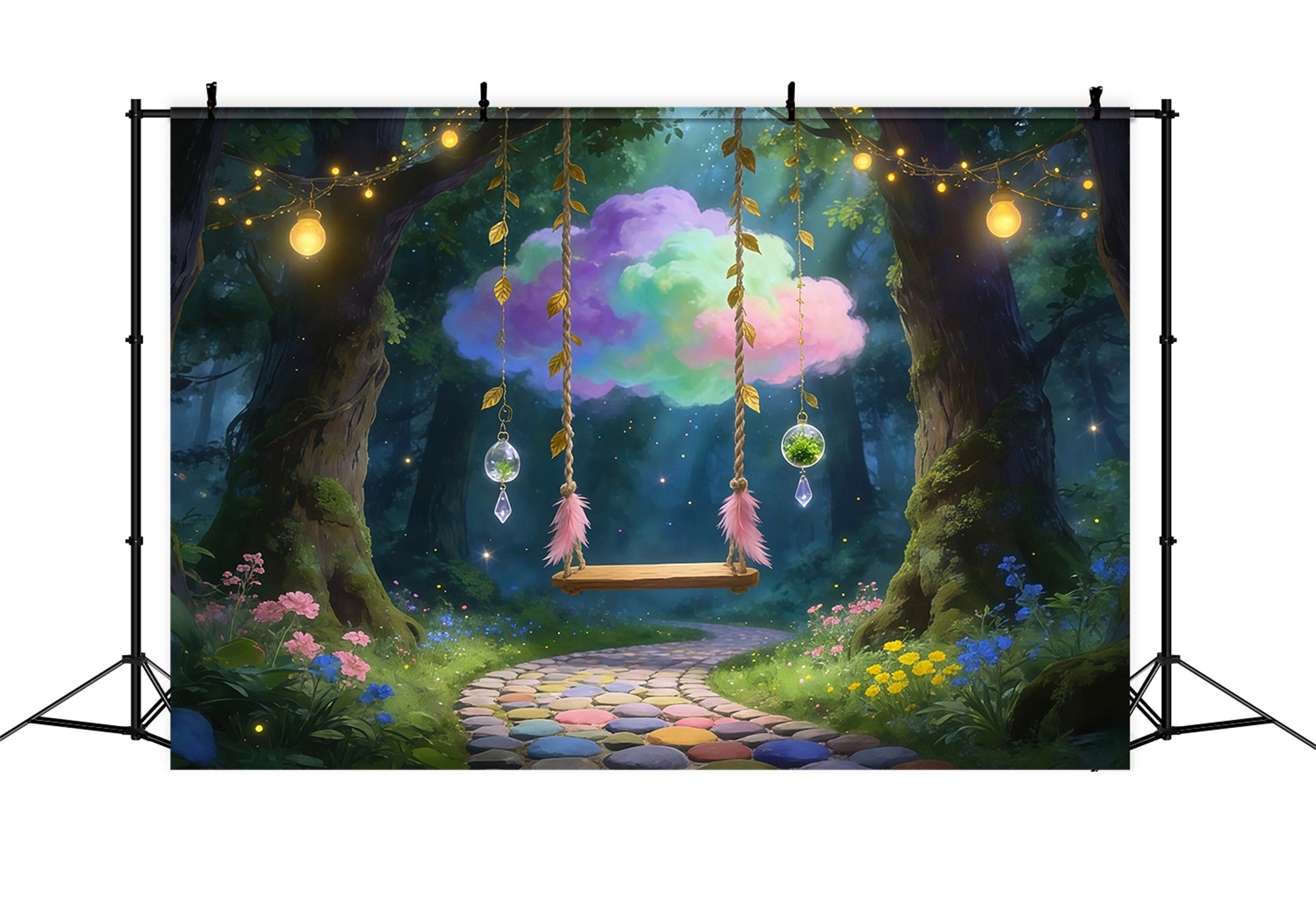 Enchanted Forest Photography Backdrop Dreamy Cloud Swing Hanging Crystal Forest Backdrop RR63-158