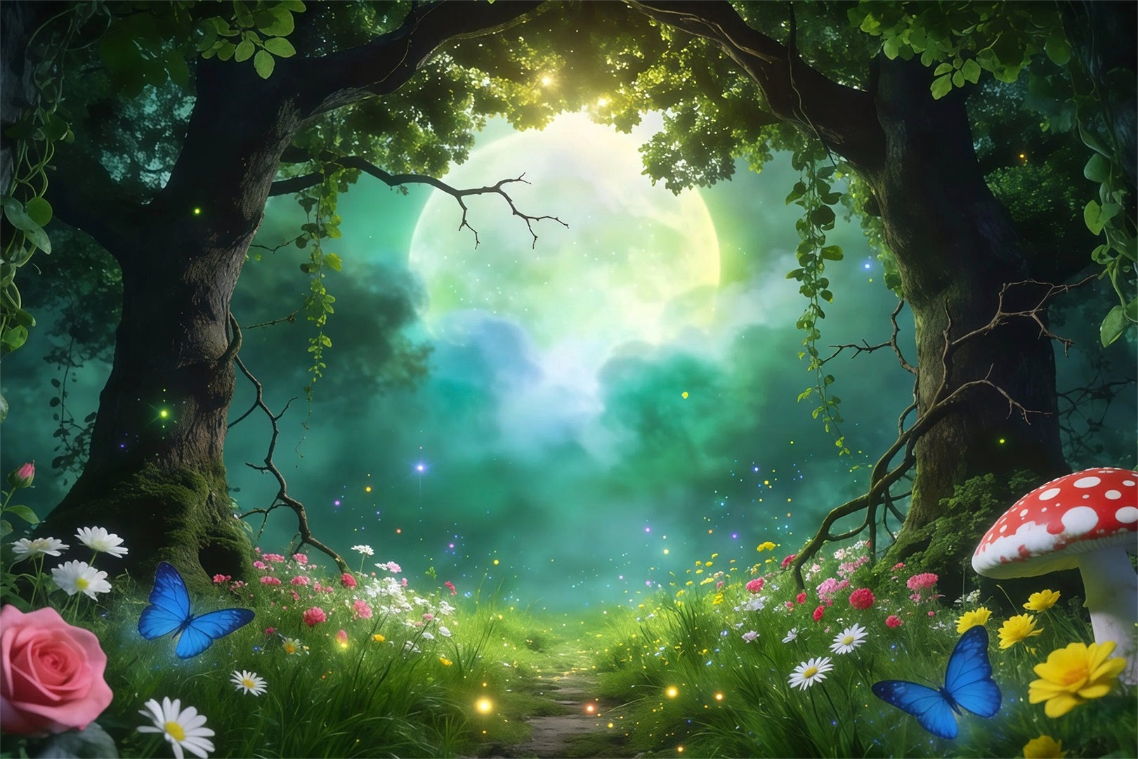 Fairy Tale Forest Backdrop Moonlit Forest Clearing Giant Moon Glow Forest Backdrop Photography RR63-159