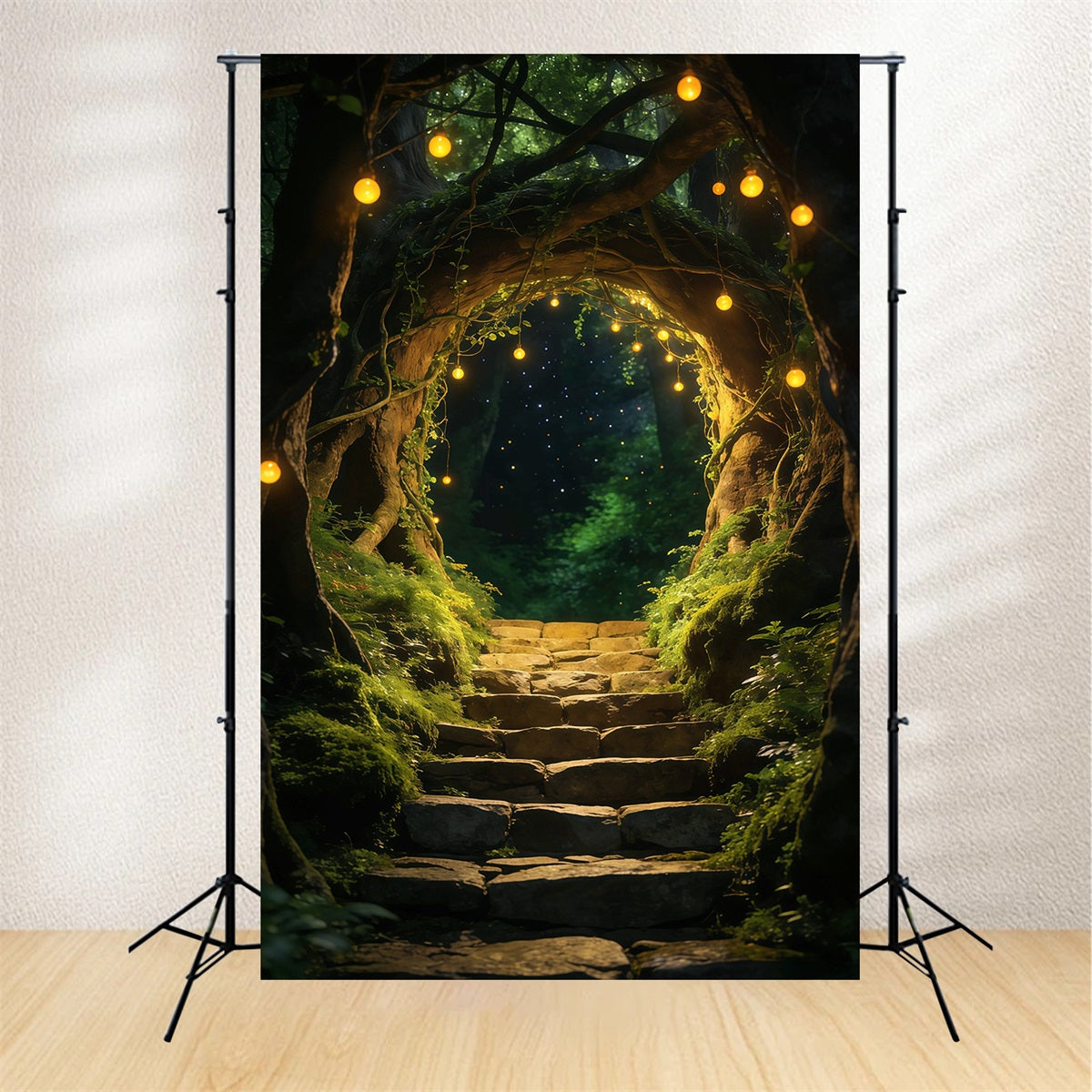 Forest Photo Booth Backdrop Enchanted Tree Arch Golden Hanging Lights Backdrop Forest RR63-163