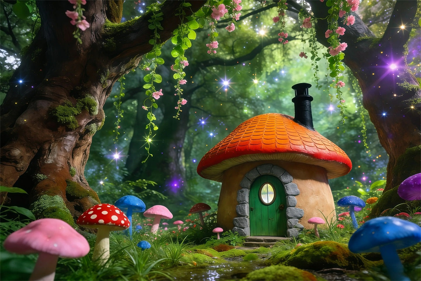 Fairy Tale Forest Backdrop Colorful Mushroom Cottage Sparkle Forest Backdrop Ideas RR63-167