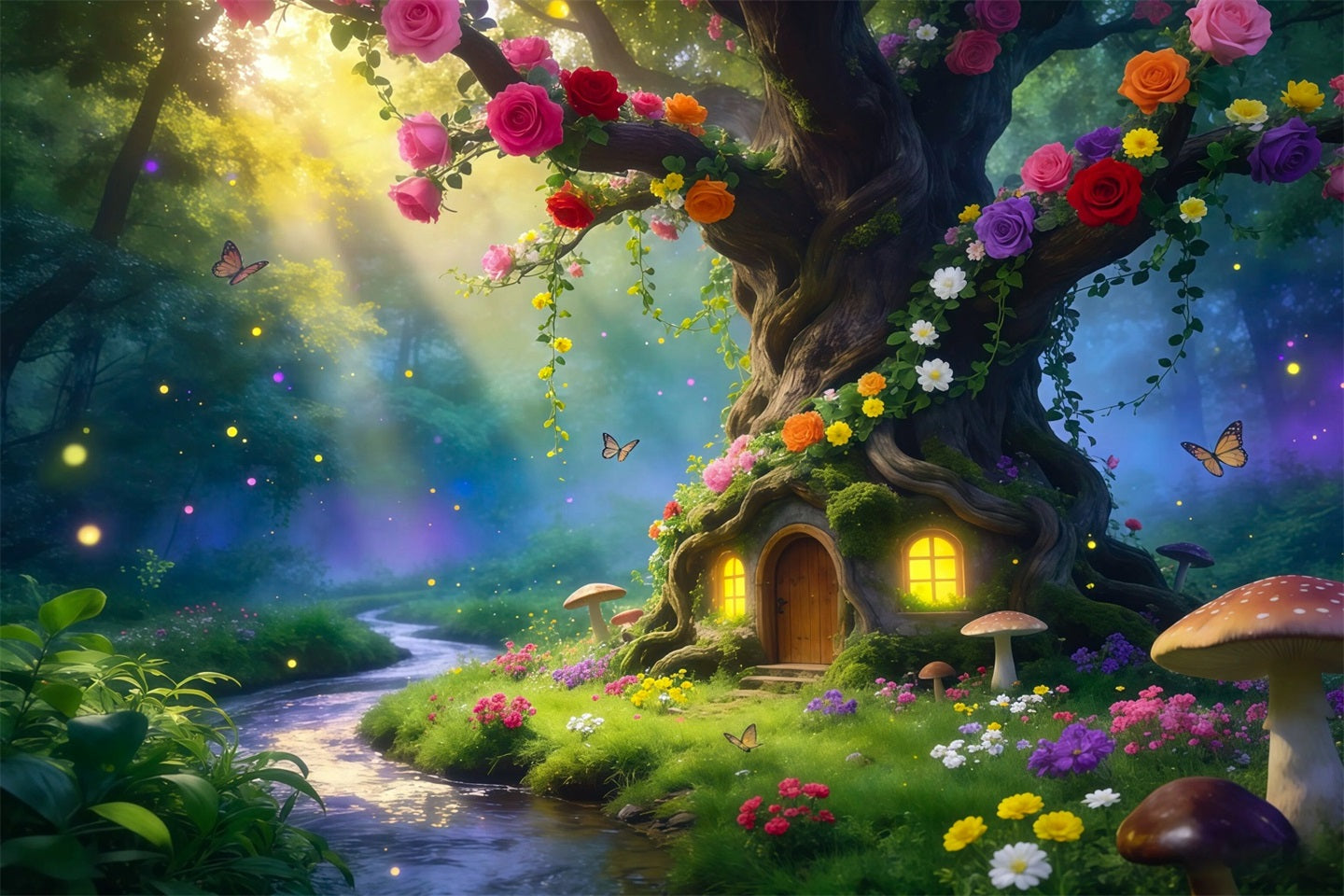 Forest Backdrop Blooming Tree Hollow Cottage Path Forest Backdrop For Photography RR63-168