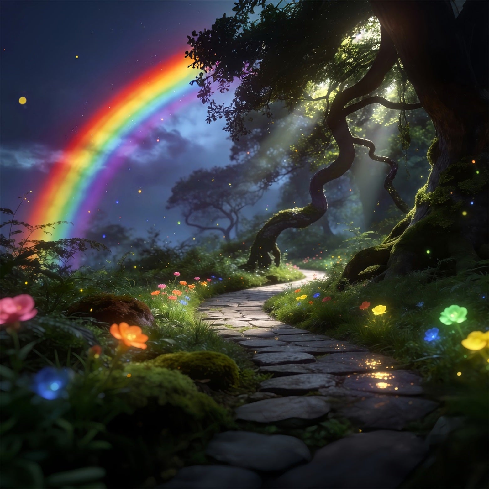 Enchanted Forest Backdrop Rainbow Sky Woodland Path Dream Glow Forest Photo Backdrops RR63-169