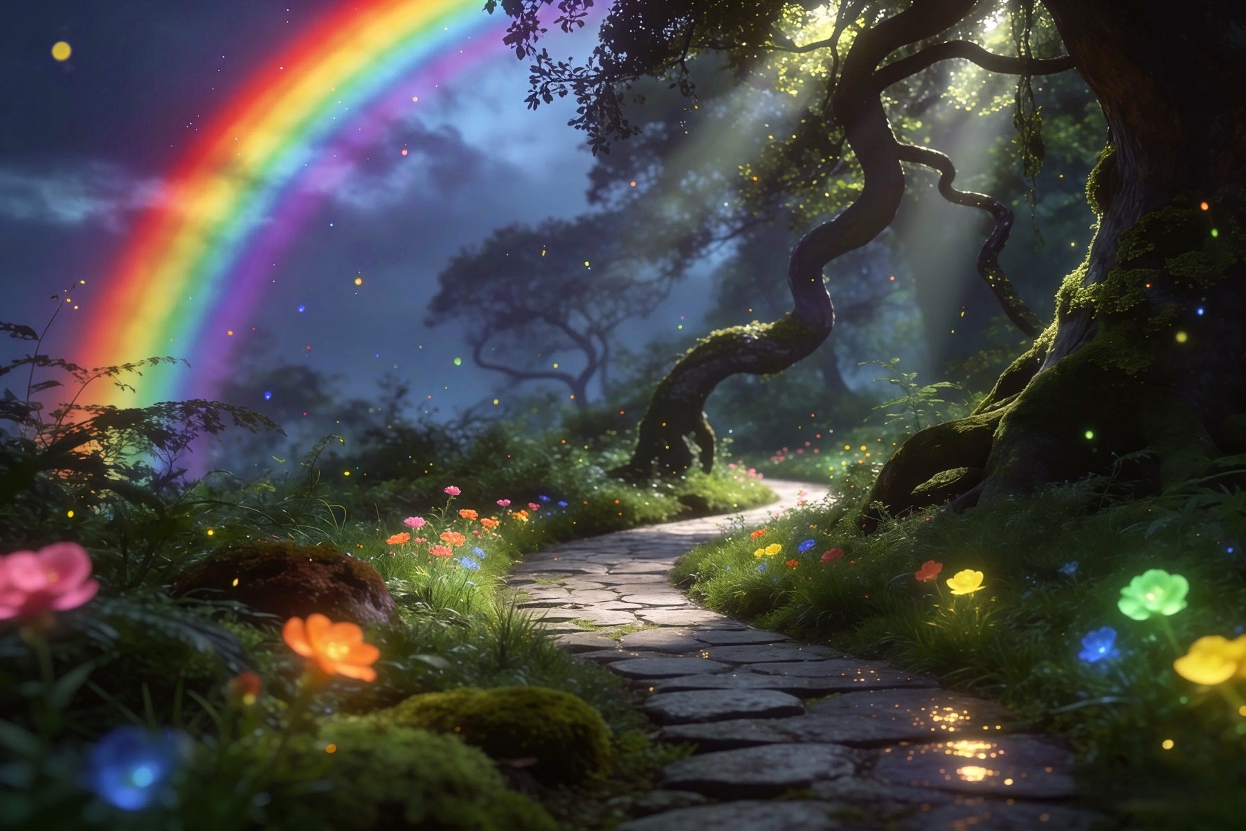 Enchanted Forest Backdrop Rainbow Sky Woodland Path Dream Glow Forest Photo Backdrops RR63-169