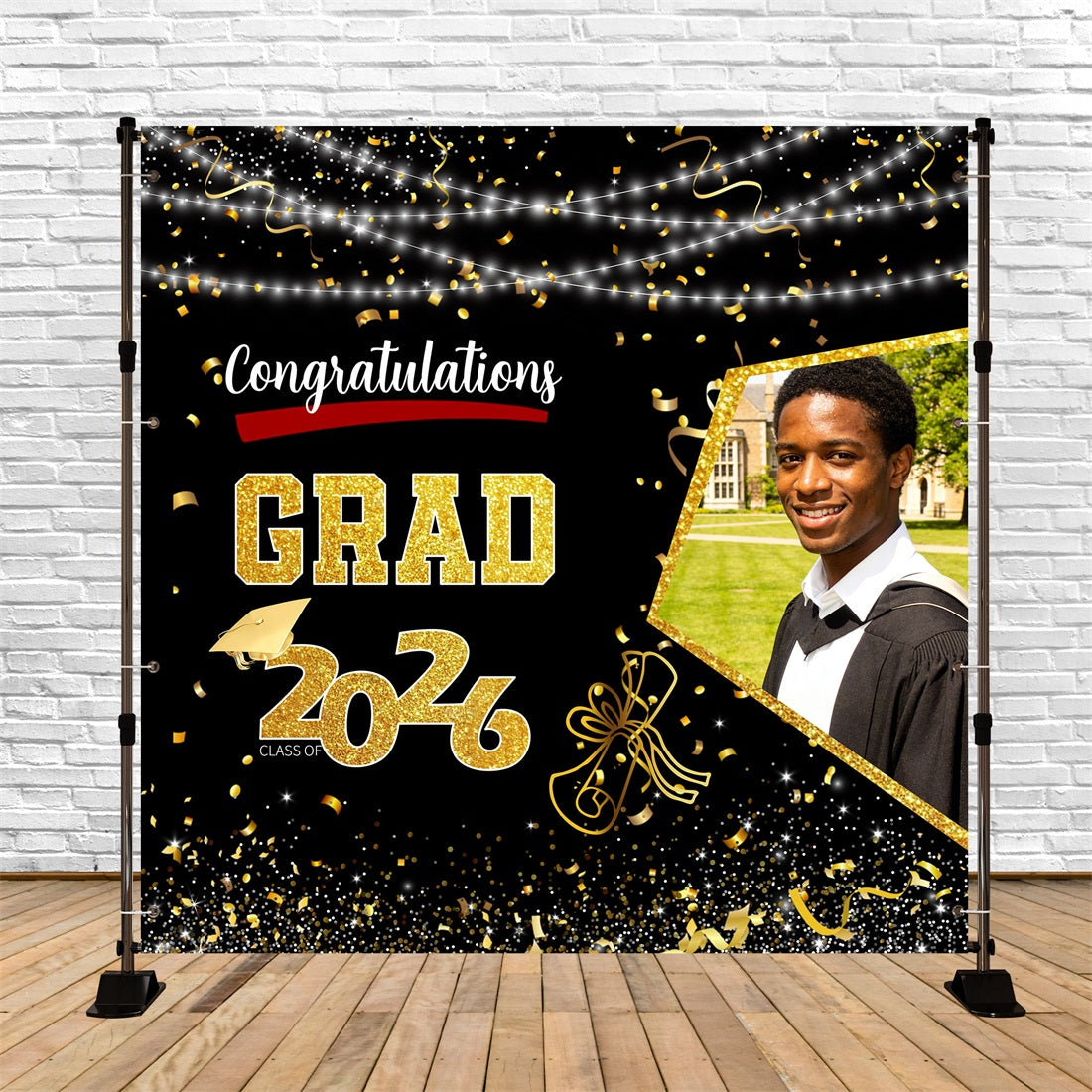 Congratulations Graduation Backdrop Black Gold Confetti Lights Custom Graduation Backdrop RR63-17