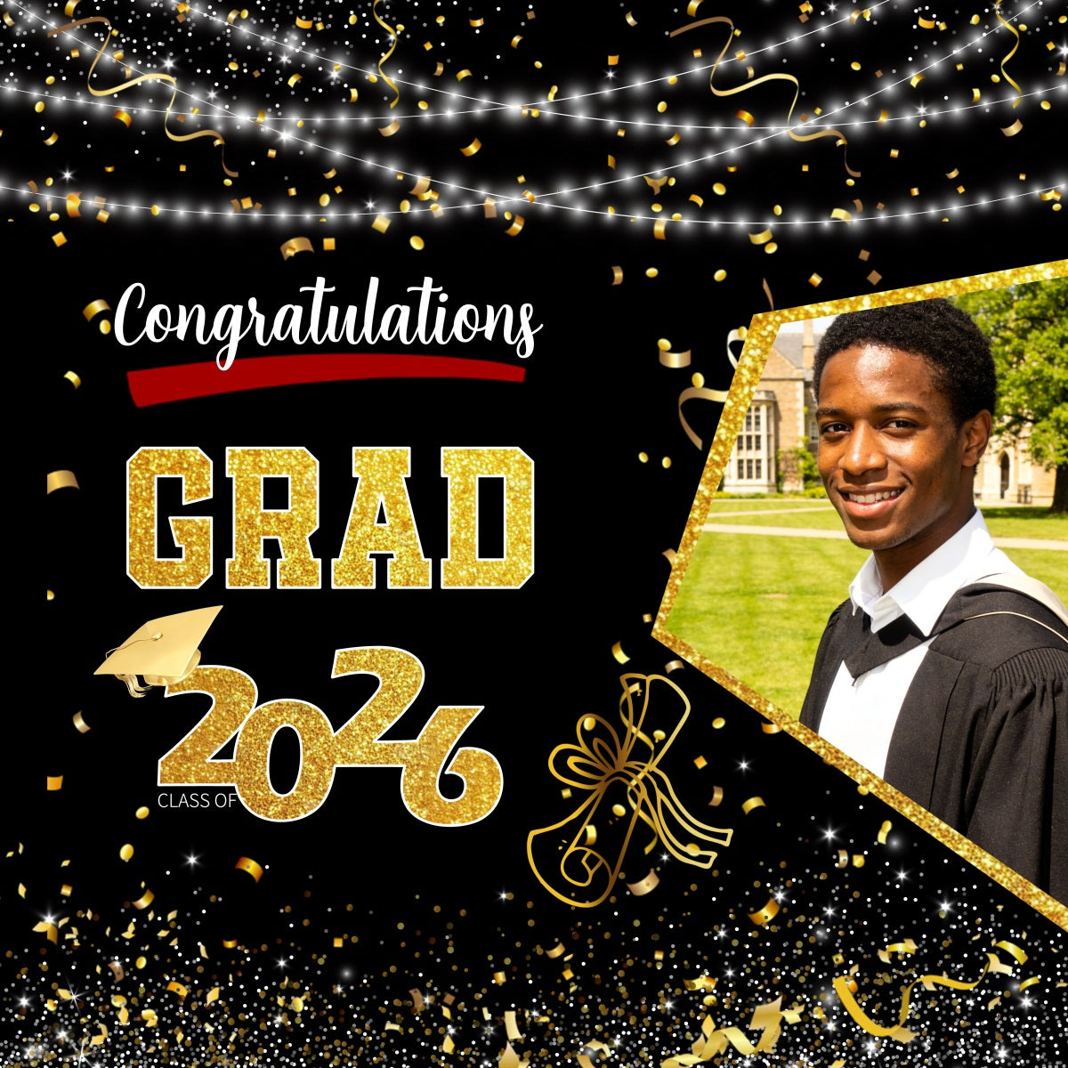 Congratulations Graduation Backdrop Black Gold Confetti Lights Custom Graduation Backdrop RR63-17