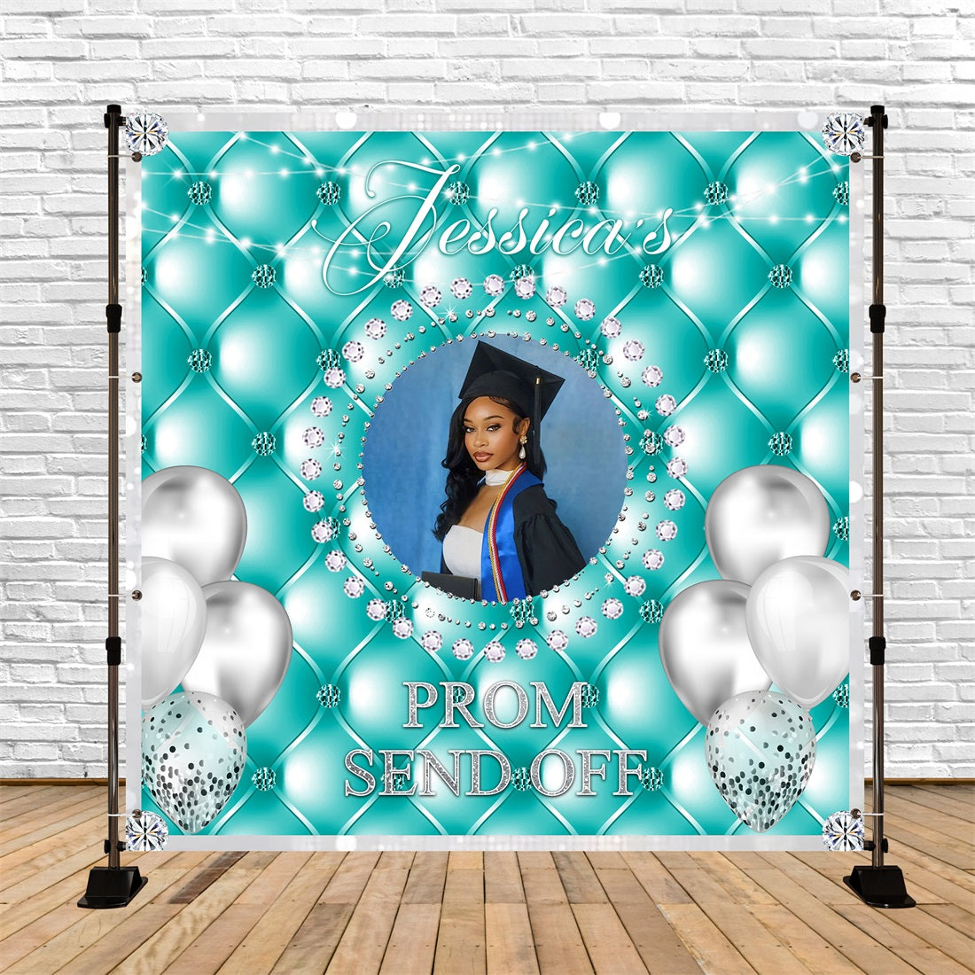 Backdrop For Prom Send Off Diamond Silver Balloons Teal Graduation Party Backdrop RR63-20